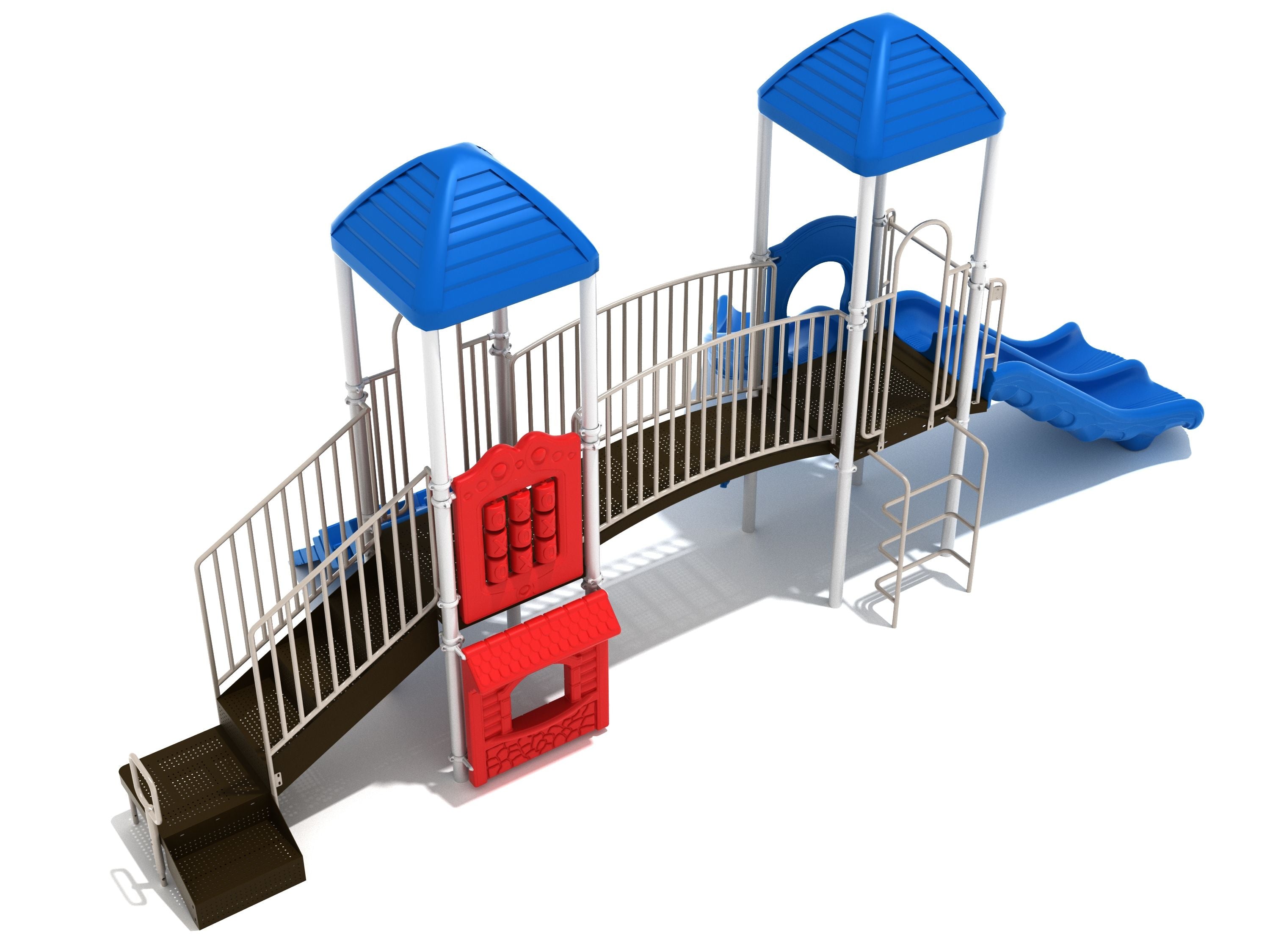 Lake Placid Playground with blue roofs, red store panel, bridge, climbing ladder, triple blue slides, and play features