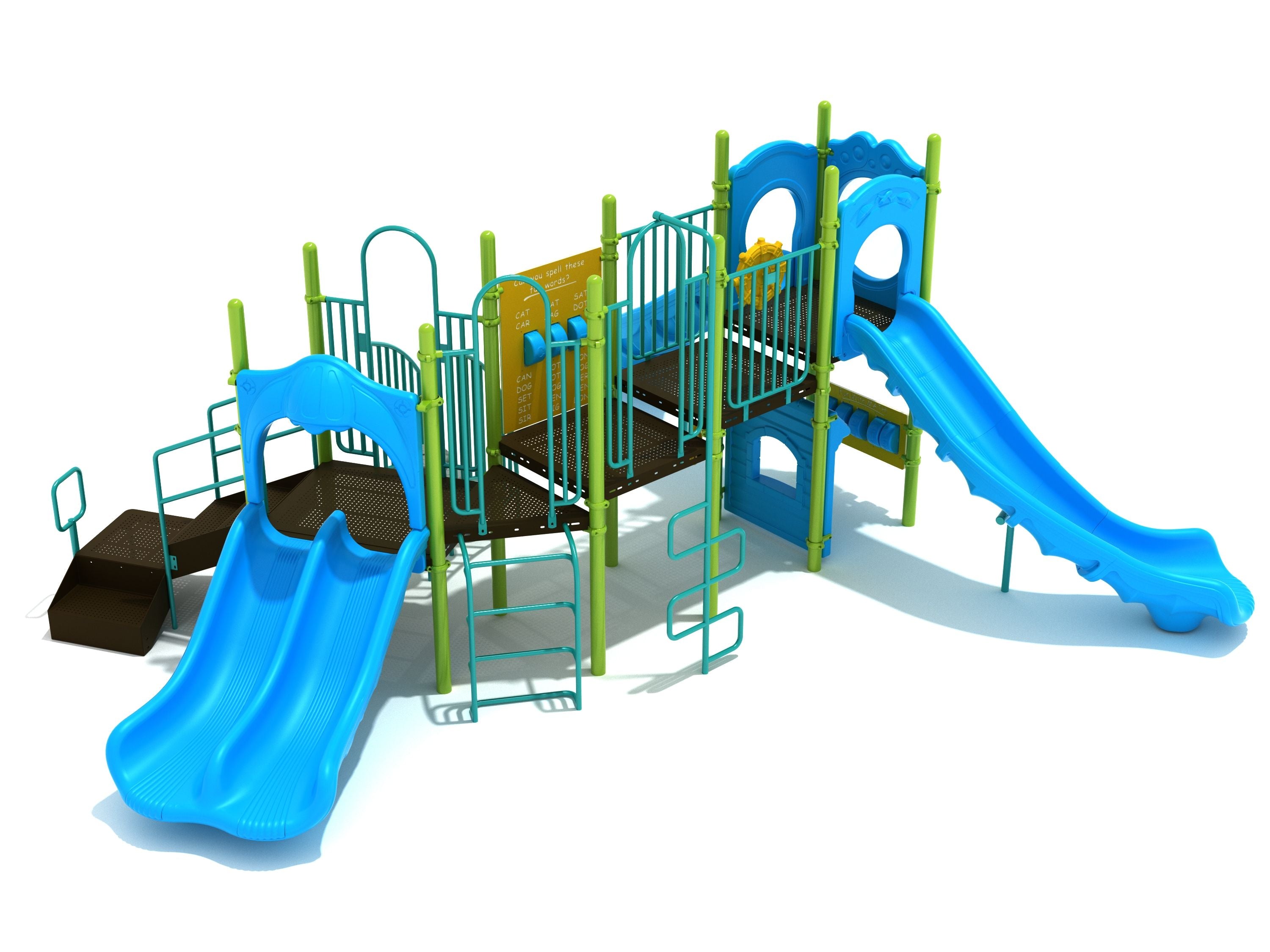 Colorful playground structure with four slides, climbing ladders, and educational panels featuring spelling and math activities.