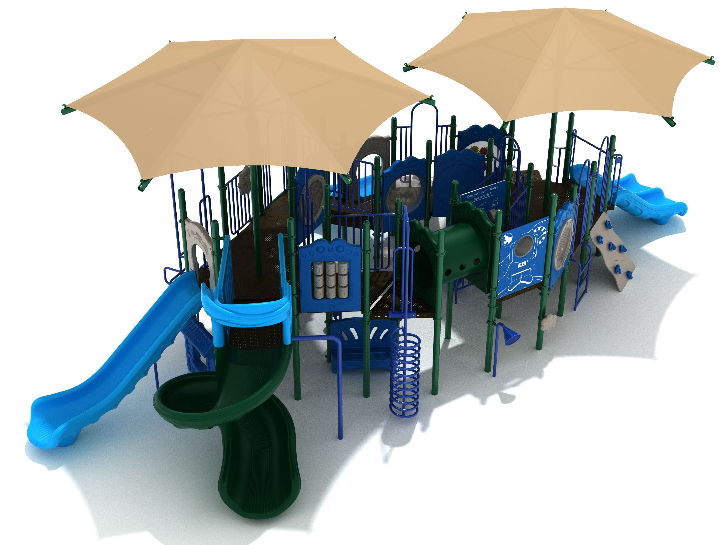 Large commercial playground with slides, climbing panels, tube tunnel, and blue-green shade canopies