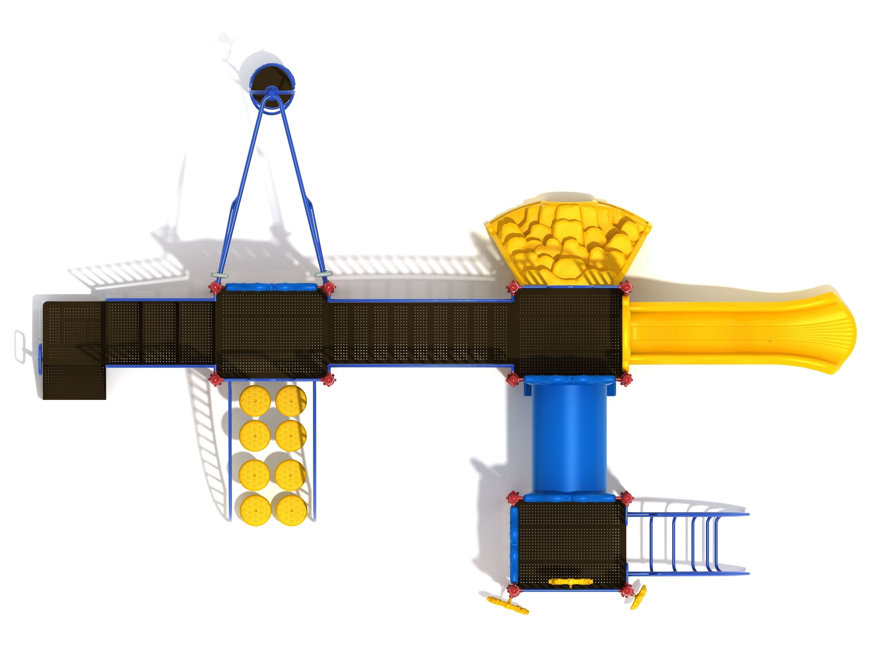 Overhead view of colorful playground with yellow slide, climbing elements, blue platforms, maze and periscope panels, and interactive ground-level play features