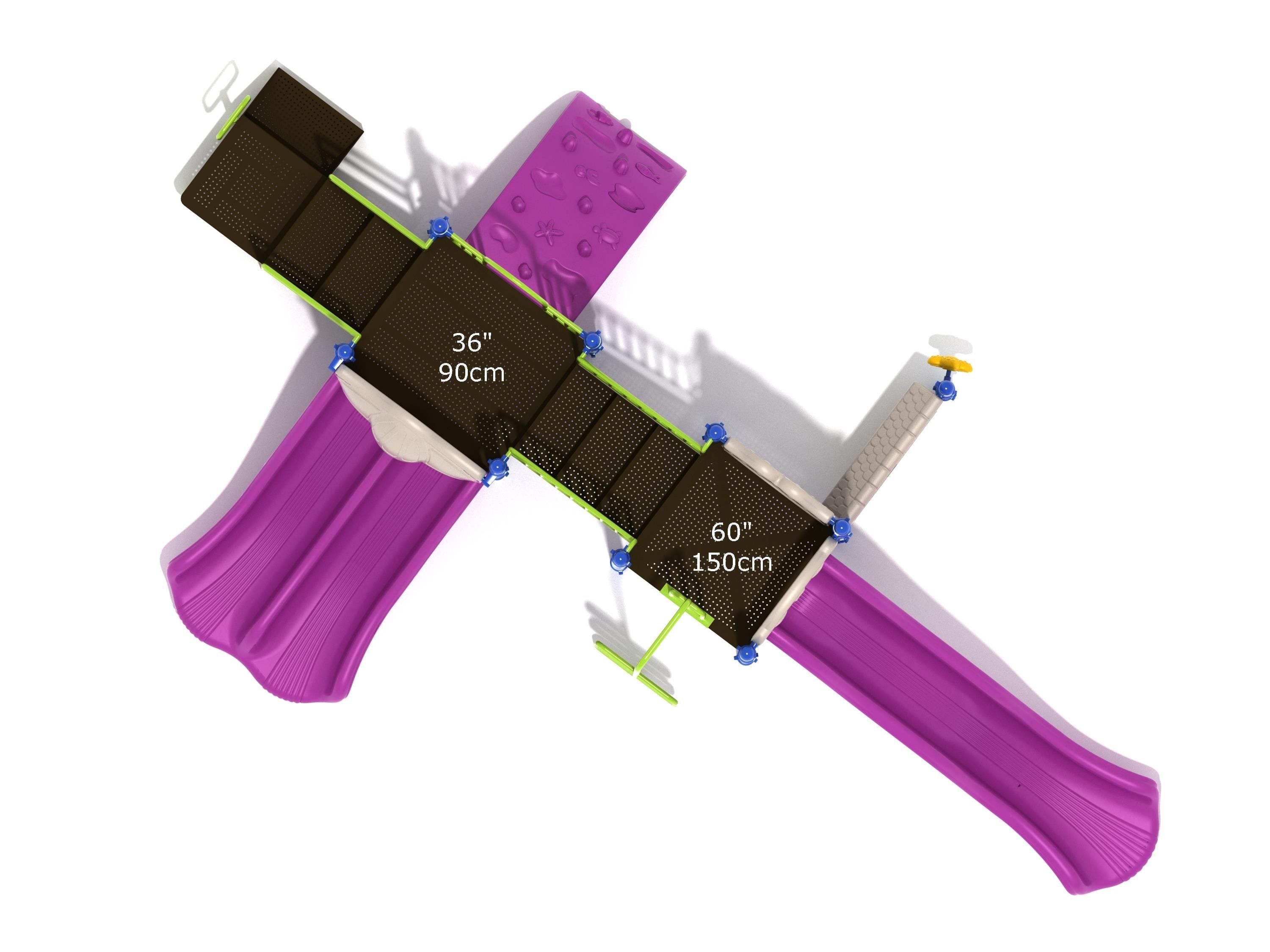 Overhead view of playground with two purple slides, ocean-themed climbing wall, and interactive gear panel