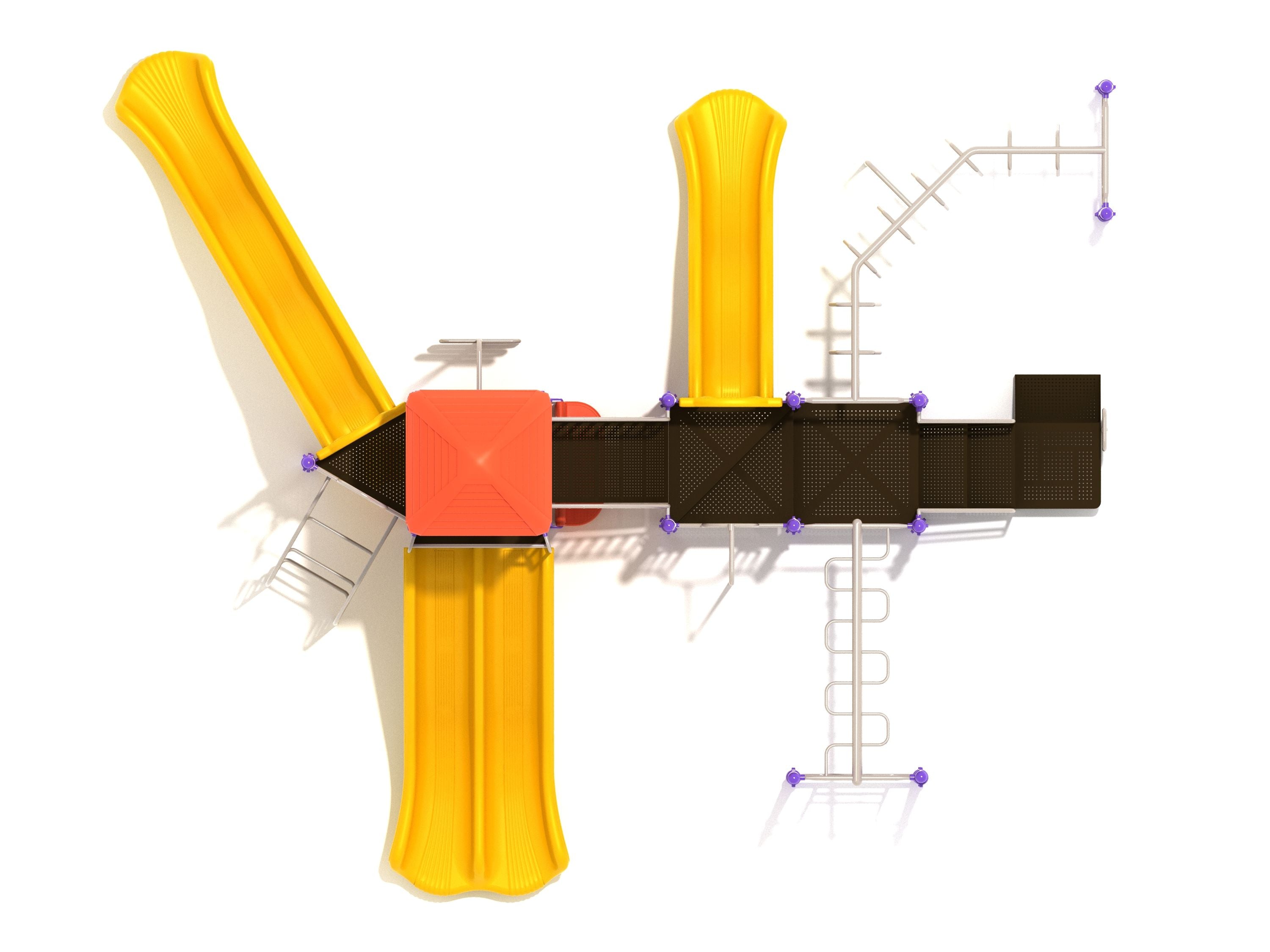 Overhead view of commercial playground with yellow wave and double slides, brown platforms, metal climbing ladders, and trapezoidal loop ladder