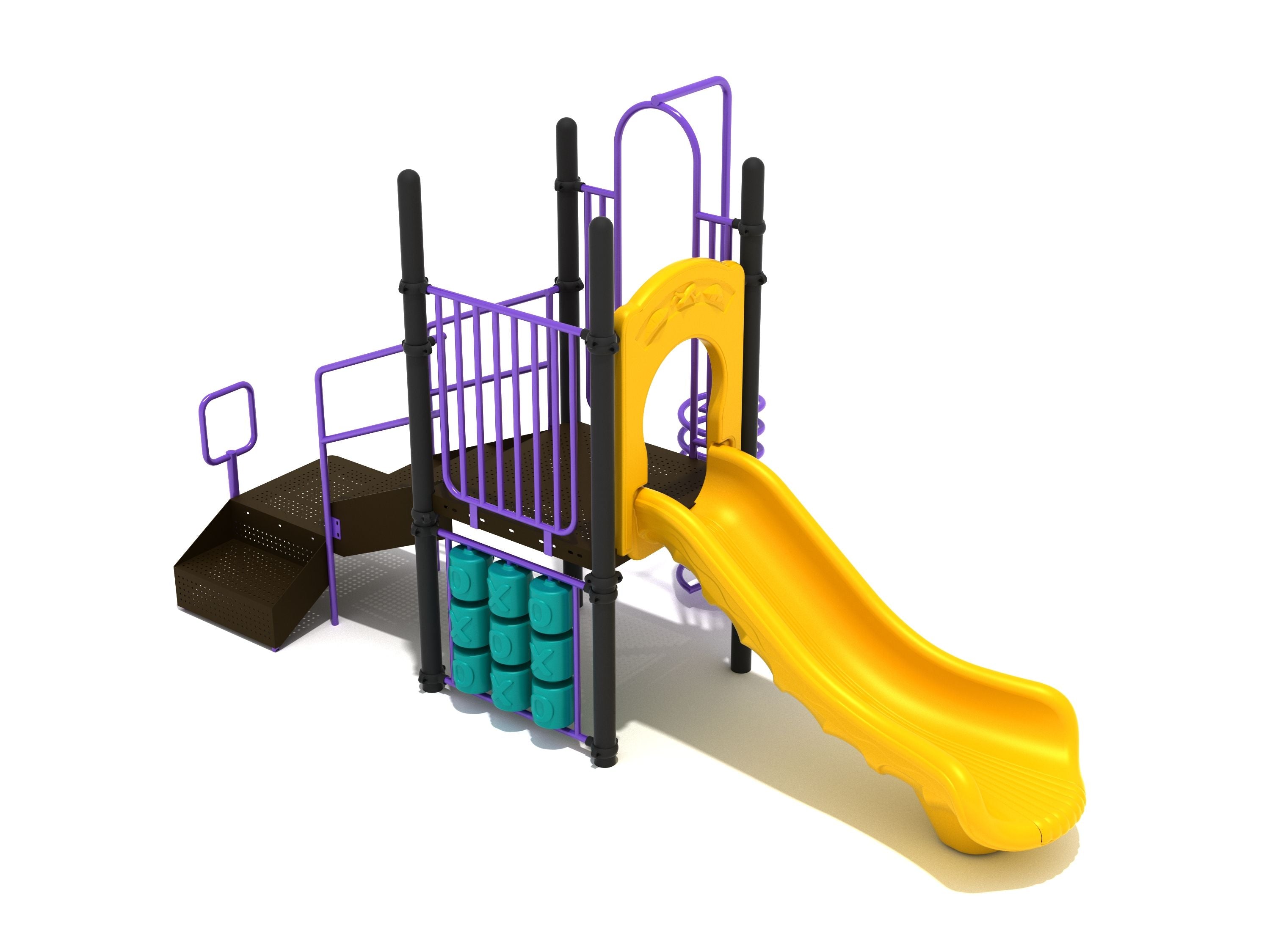 Irondale Playground Large Play Systems with yellow straight slide, purple spiral climber, transfer station stairs, and tic-tac-toe panel