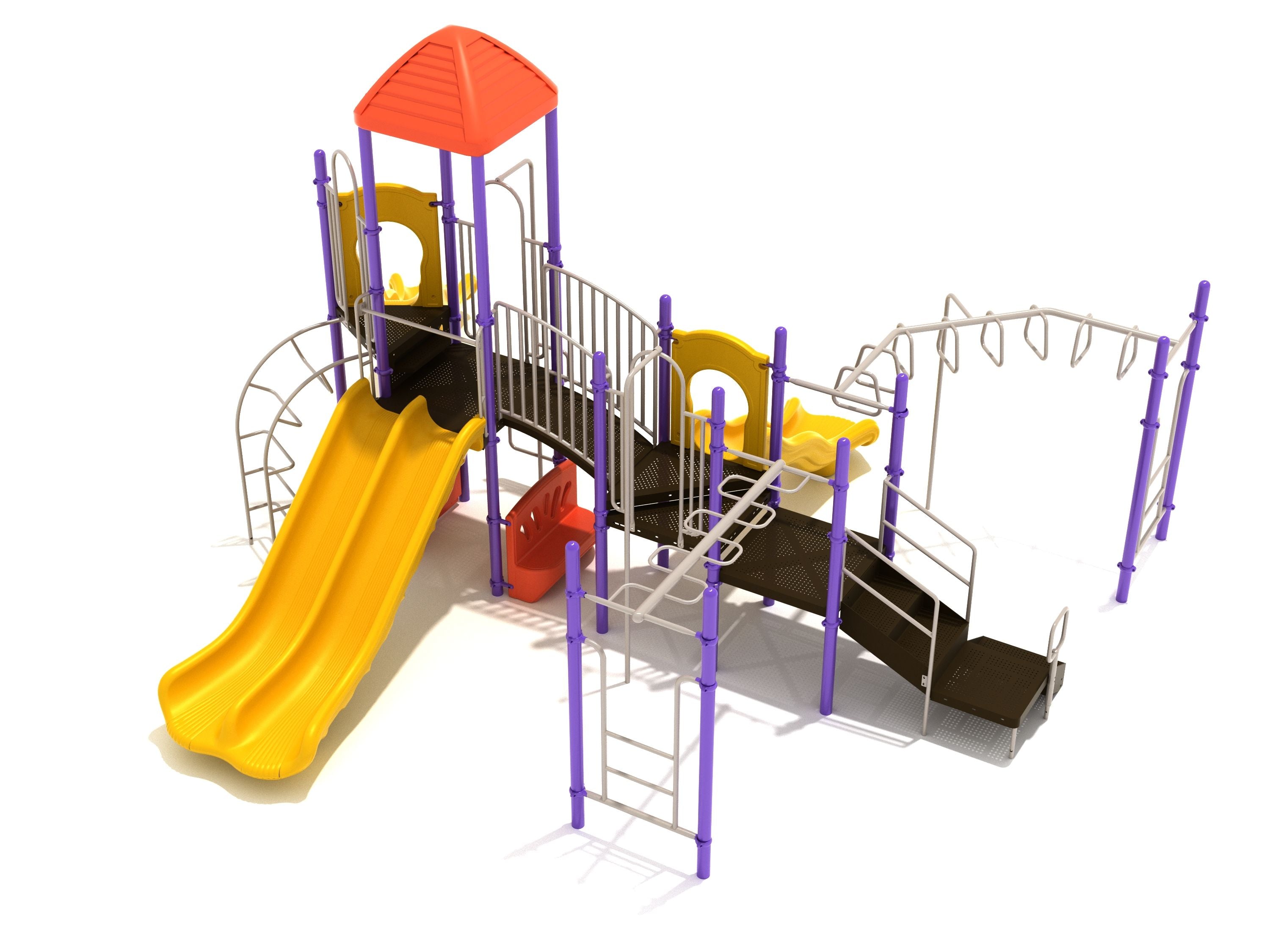 Commercial playground structure with yellow double wave slide, purple posts, red roof, climbing ladders, and overhead bars