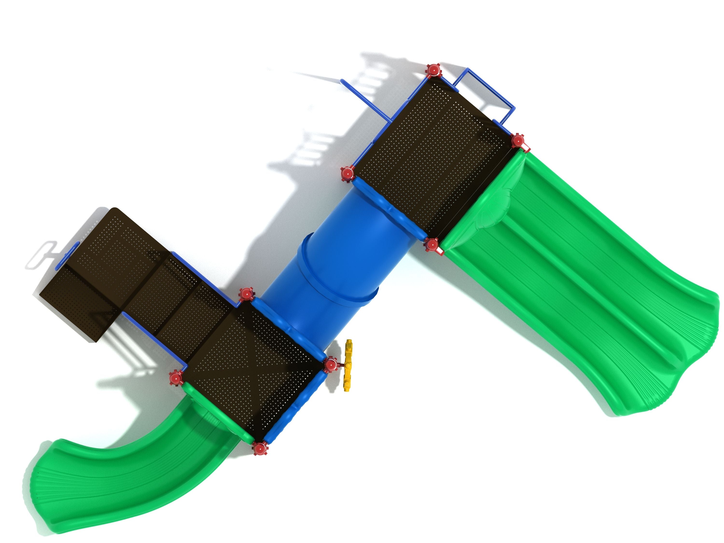 Overhead view of colorful playground with two green slides, blue tube bridge, black platforms, and interactive play features
