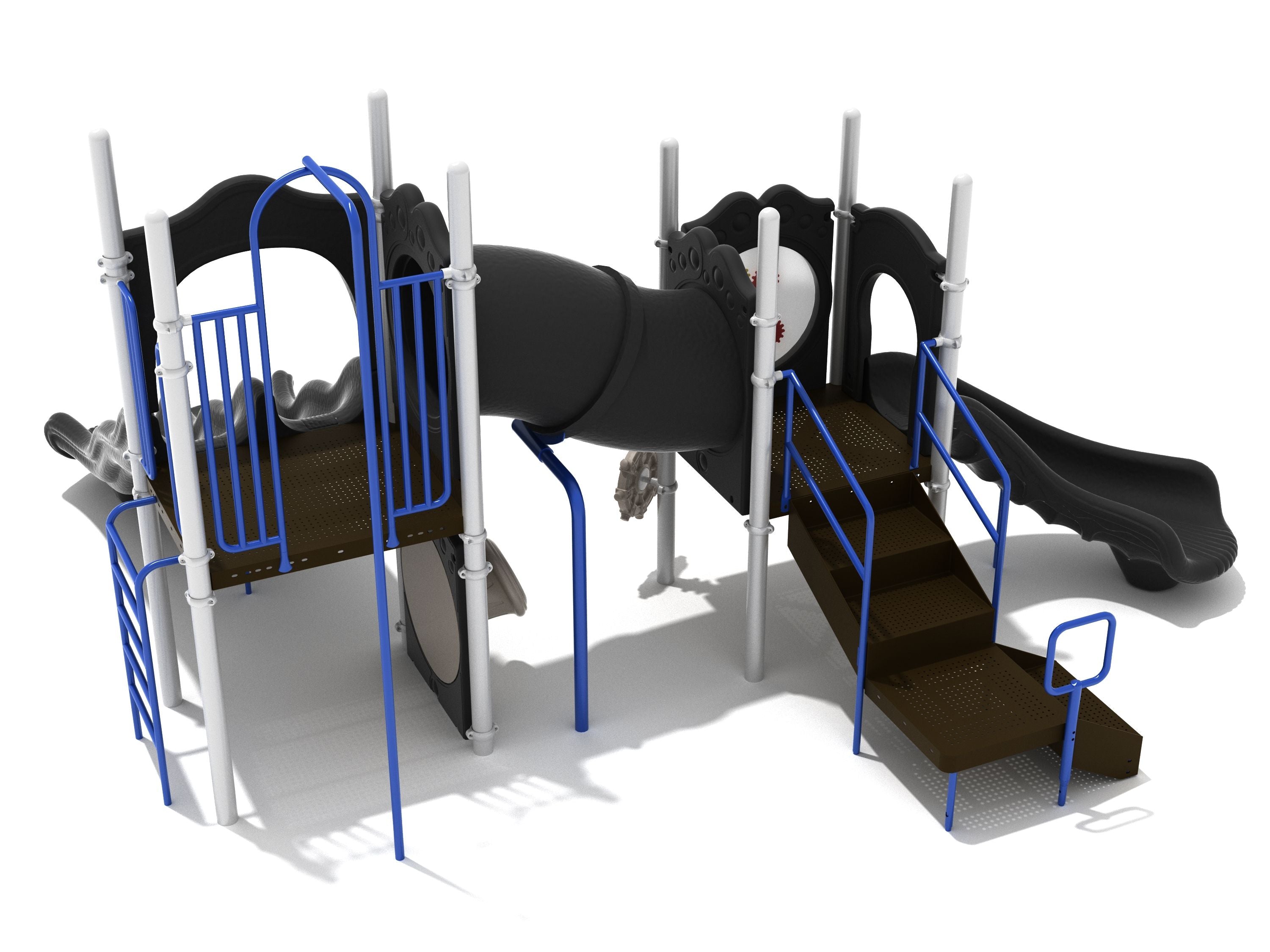 Pasadena Playground large play system with two slides, tube bridge, vertical ladder, blue handrails, and brown platforms