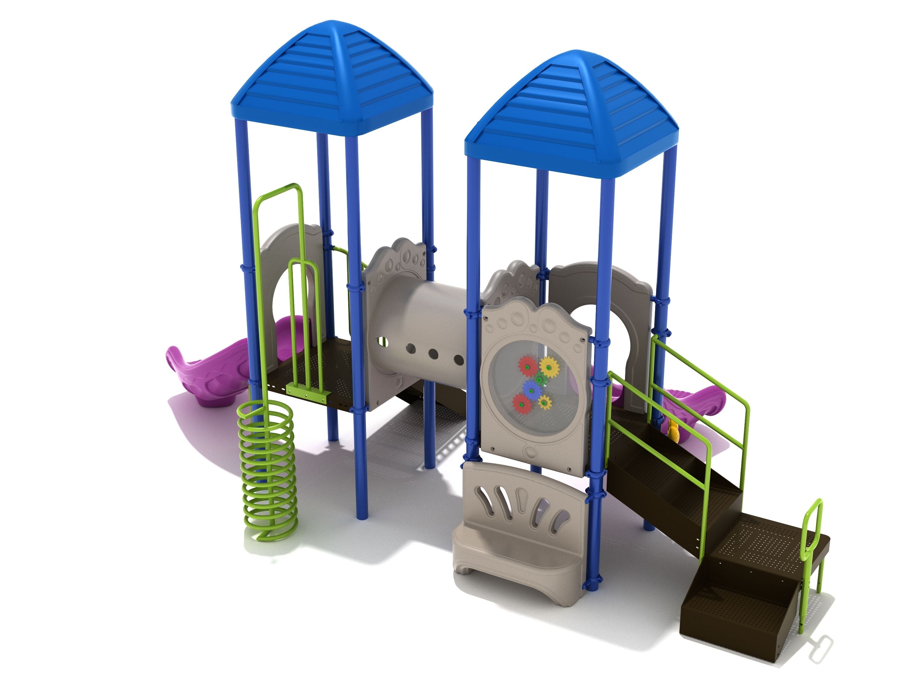 Colorful playground structure with blue roofs, spiral climber, gear panel, tube bridge, bench panel, and two purple slides