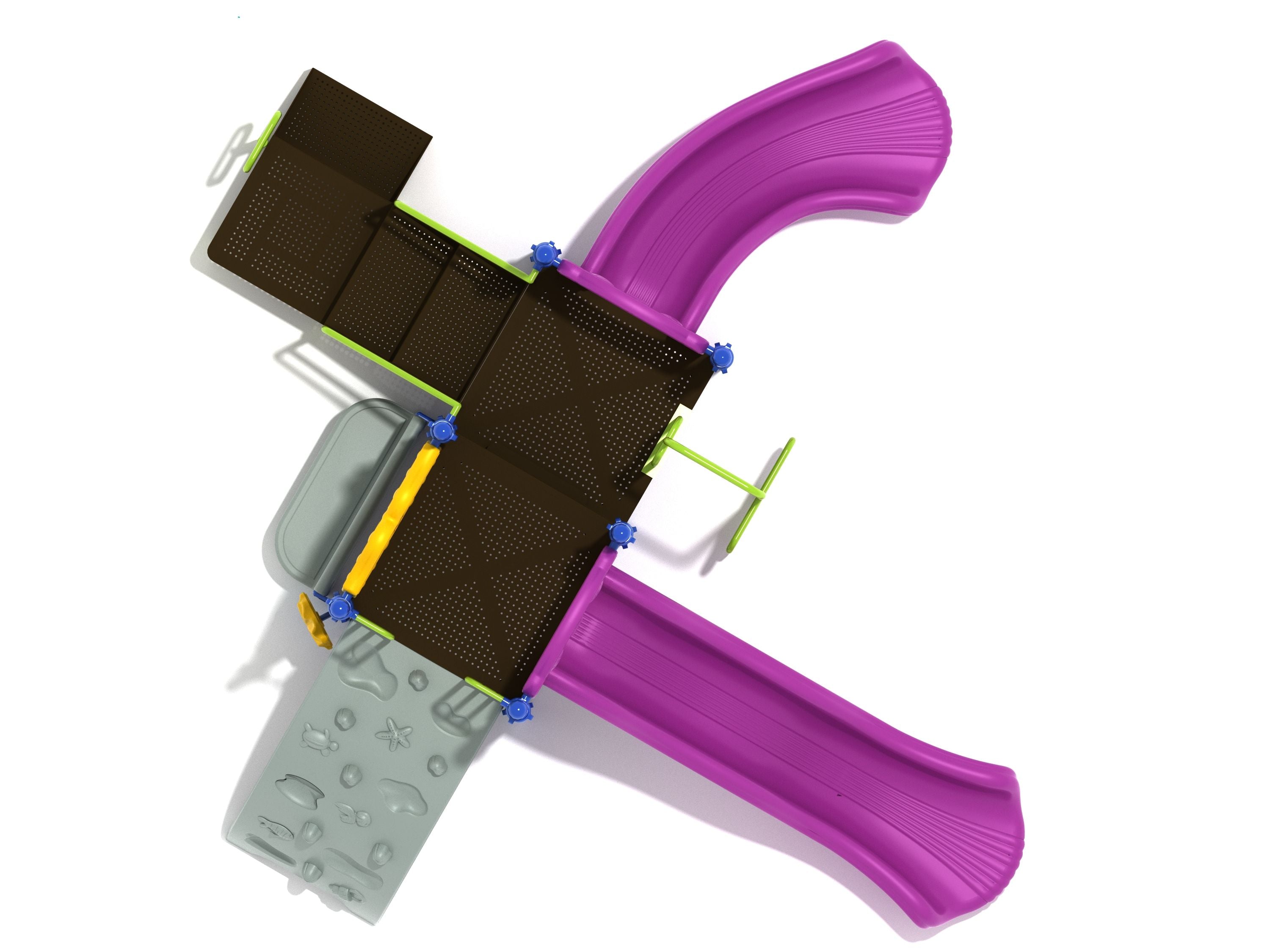 Overhead view of compact playground with purple slides, sea creature climber featuring starfish and shells, and brown platforms