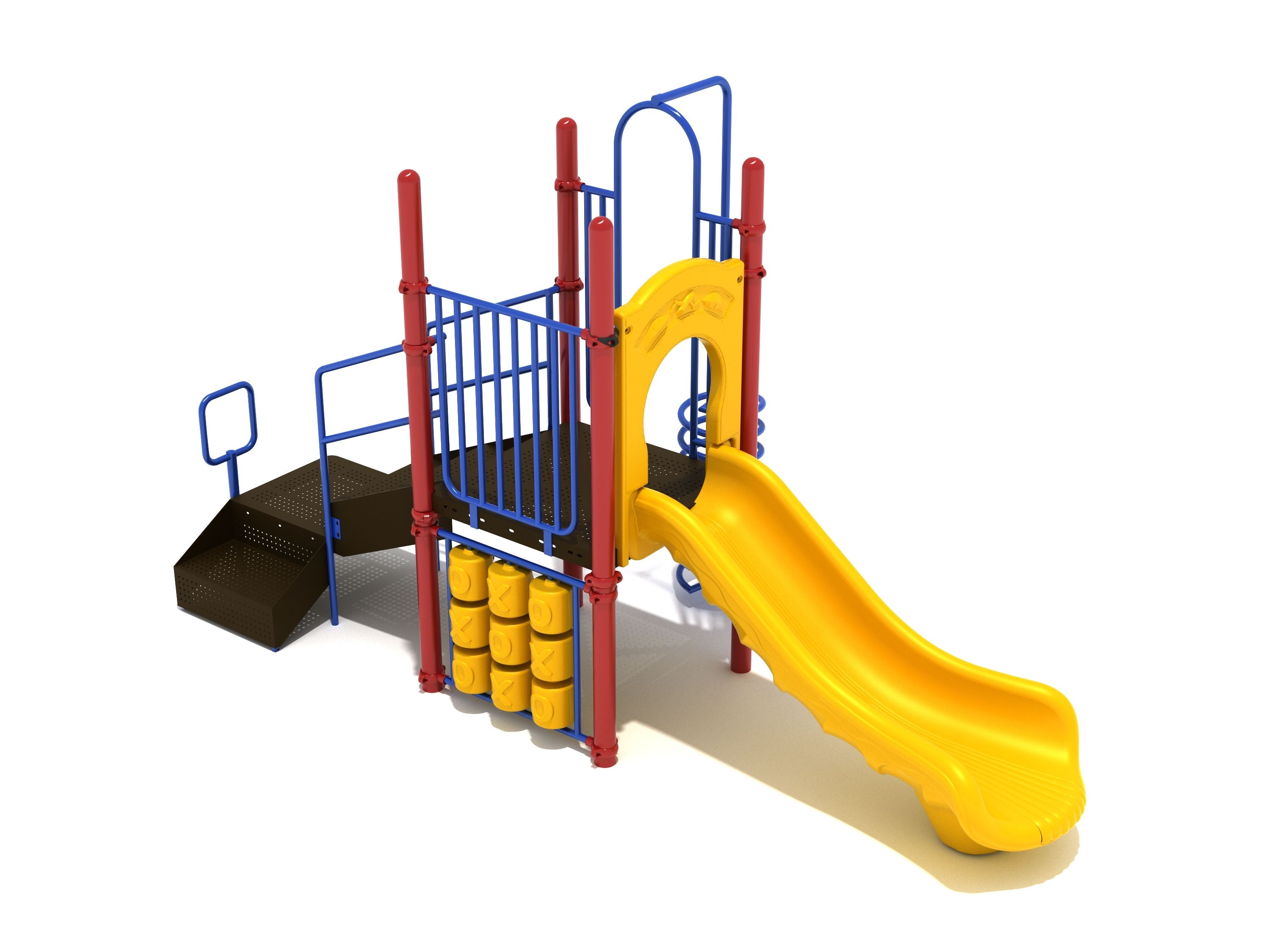 Compact outdoor play structure with yellow straight slide, spiral climber, stairs, and tic-tac-toe panel