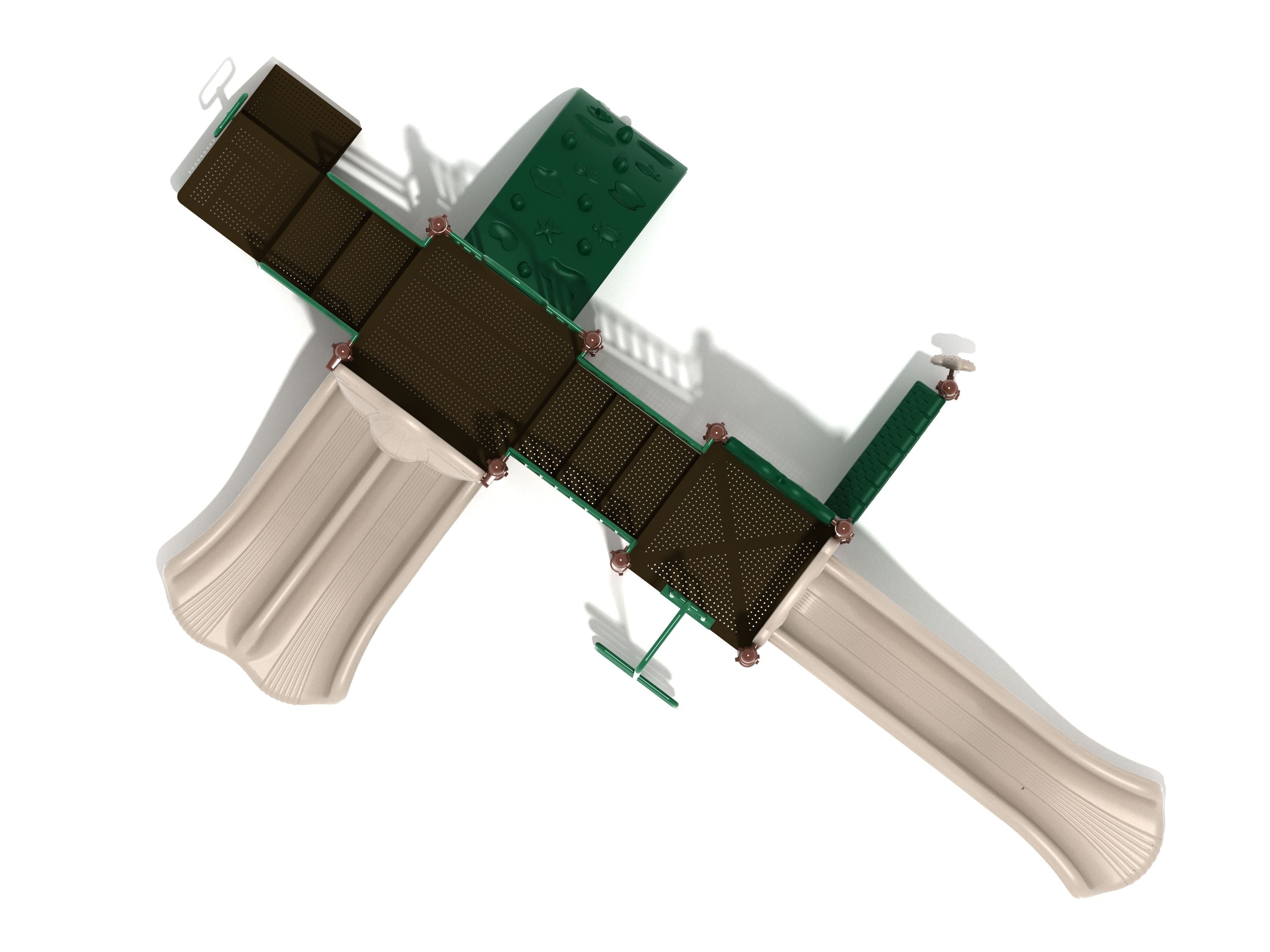 Overhead view of playground with two beige slides, brown platforms, green ocean-themed climbers, and a gear panel