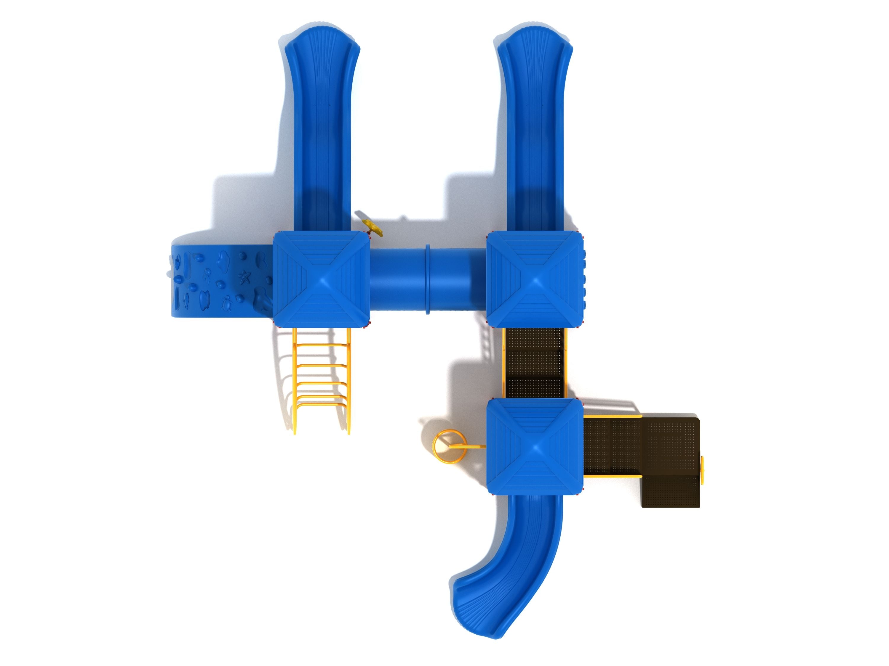 Overhead view of a blue and yellow playground with three square-roofed towers, slides, climbing wall, and tube bridge