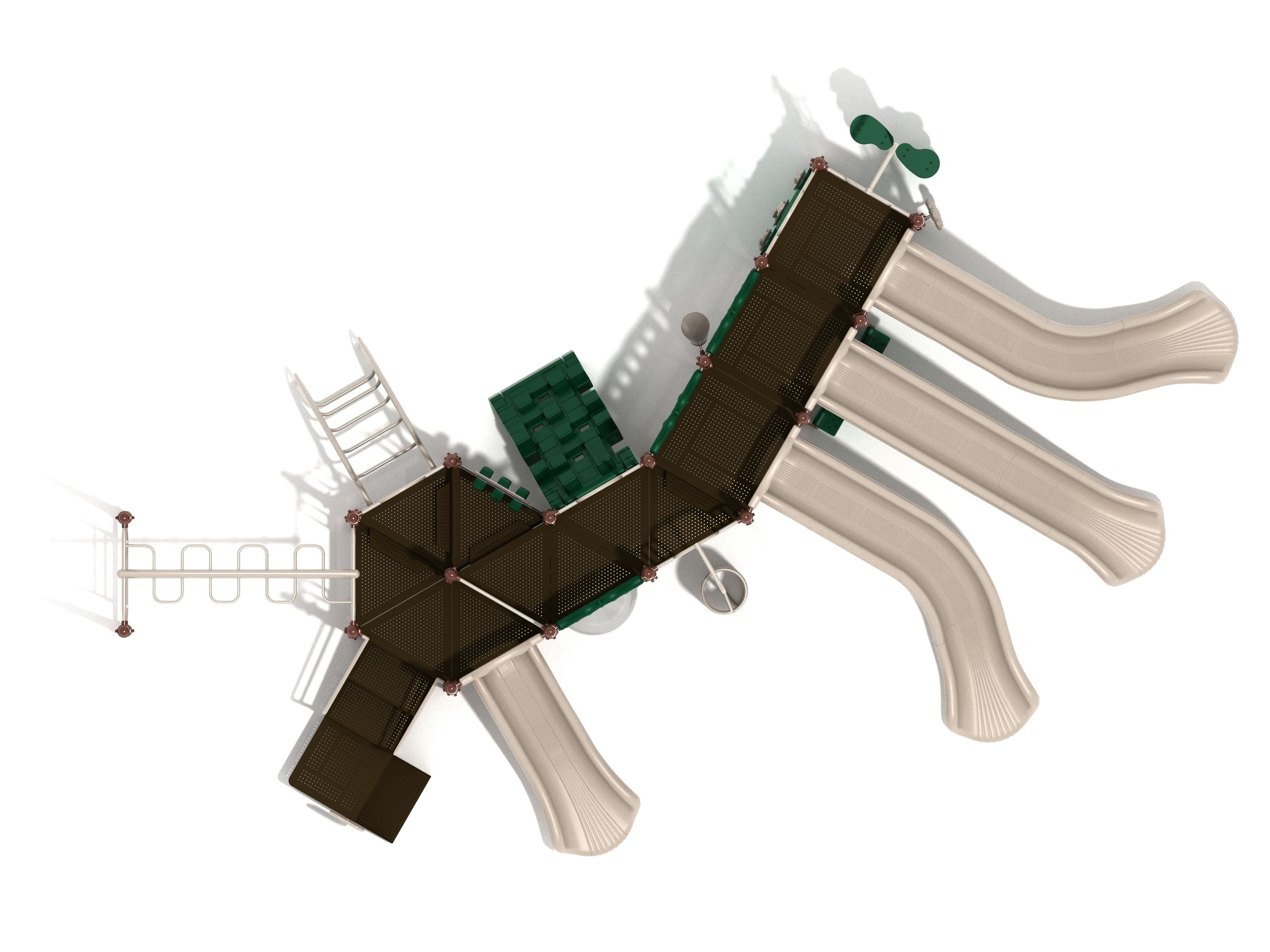 Overhead view of a large playground system with multiple beige slides, dark brown platforms, green climbing elements, spiral climber, and interactive panels