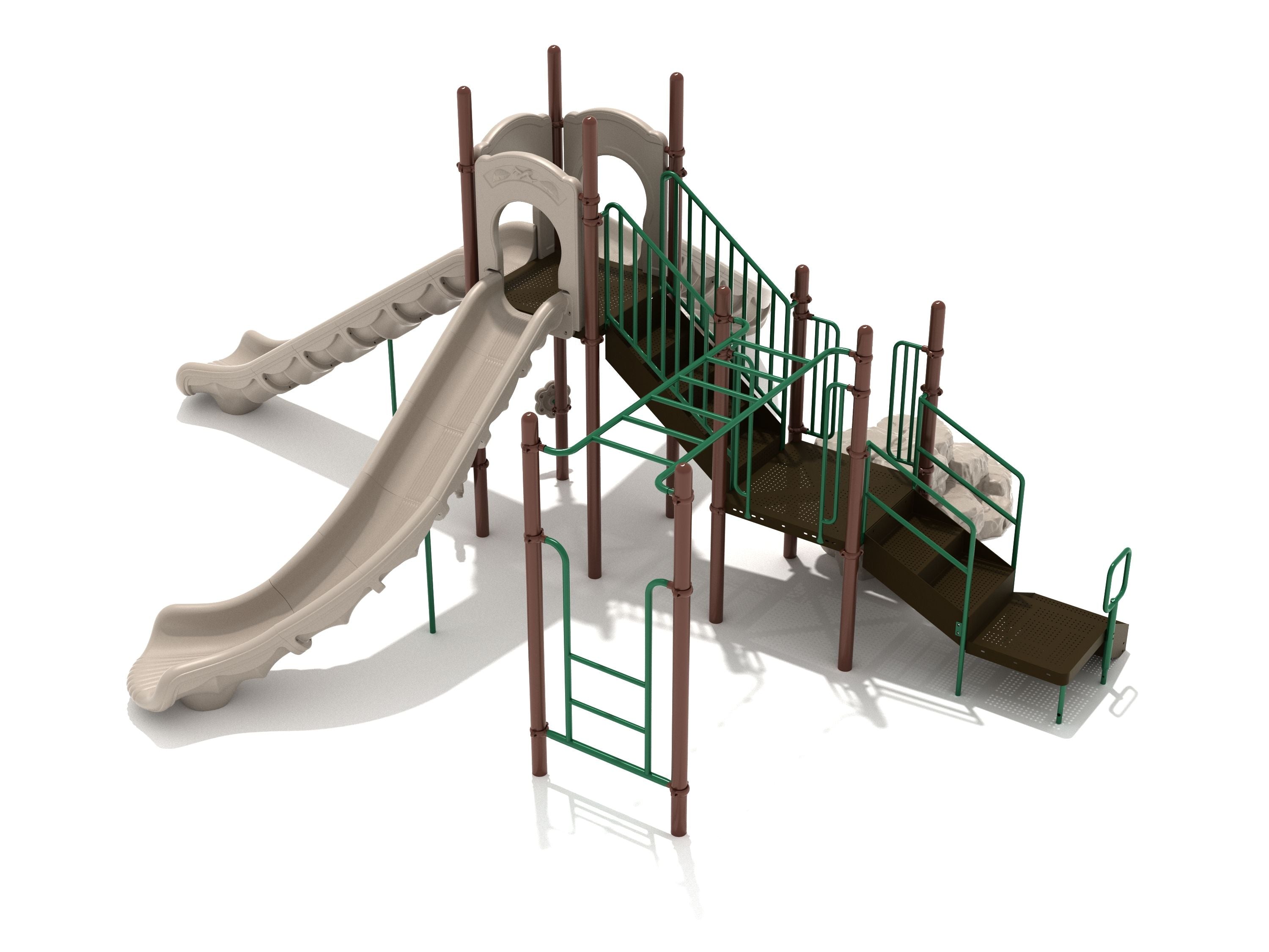 Beige playground structure with three slides, green metal ladders, brown platforms, and climbing features.