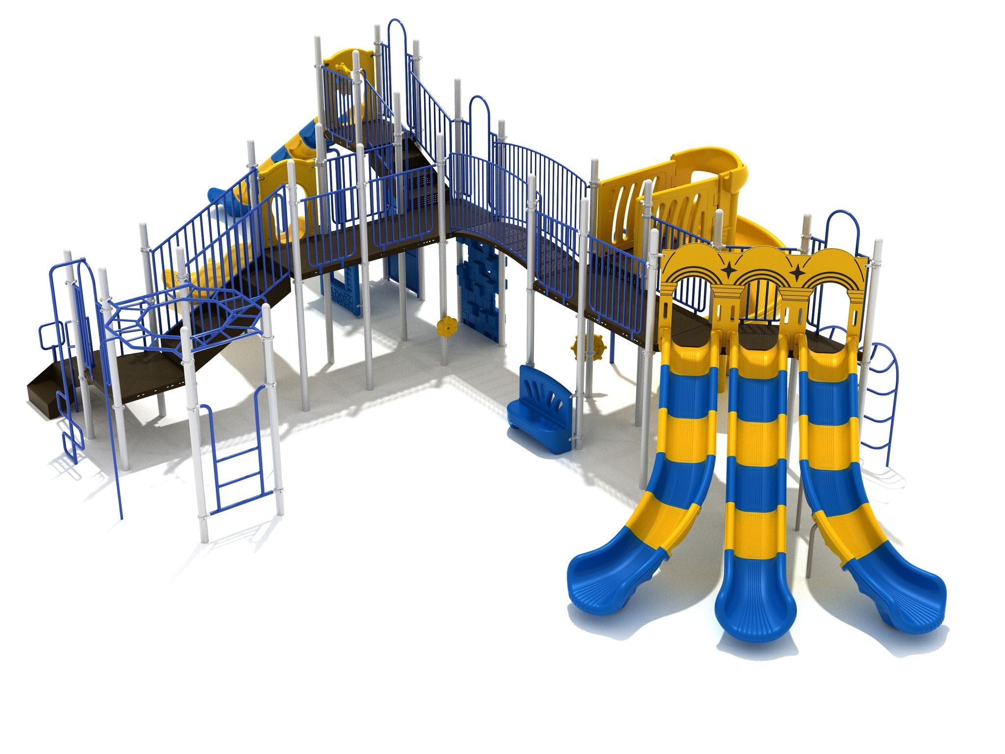Large playground structure with multiple blue and yellow slides, climbing ladders, and elevated walkways for active play