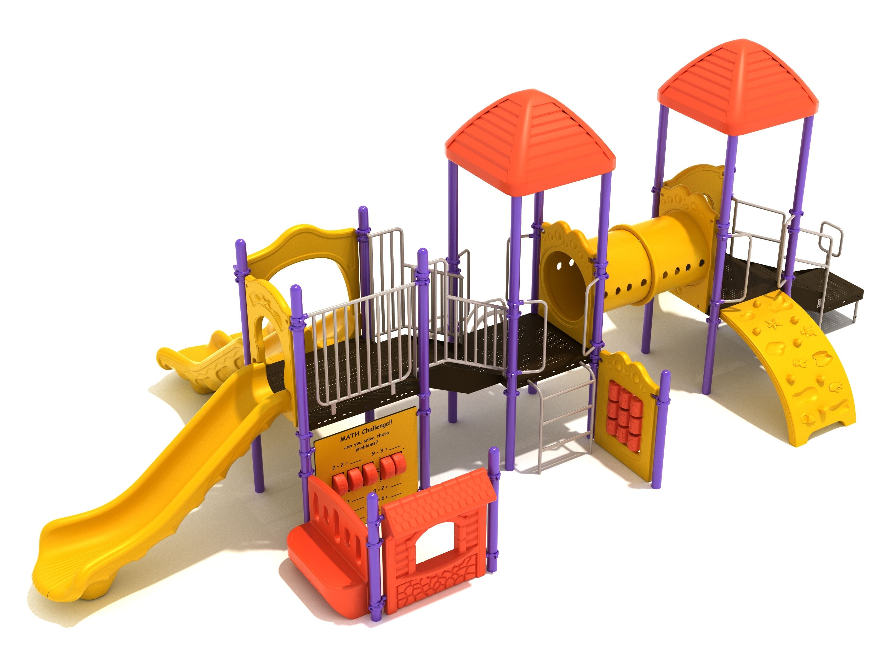 Steamboat Springs Playground with yellow slides, tube bridge, climbing wall, and interactive math activity panels