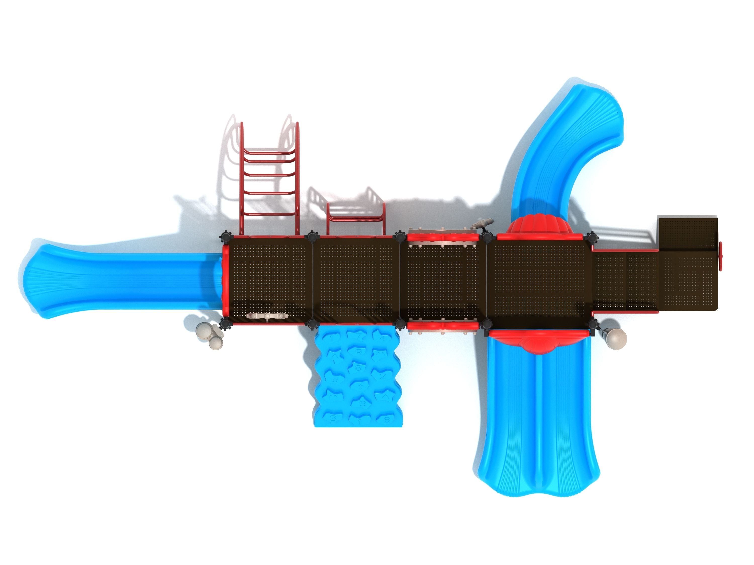 Overhead view of a large playground structure with multiple blue slides, red climbing bars, black platforms, and interactive play panels