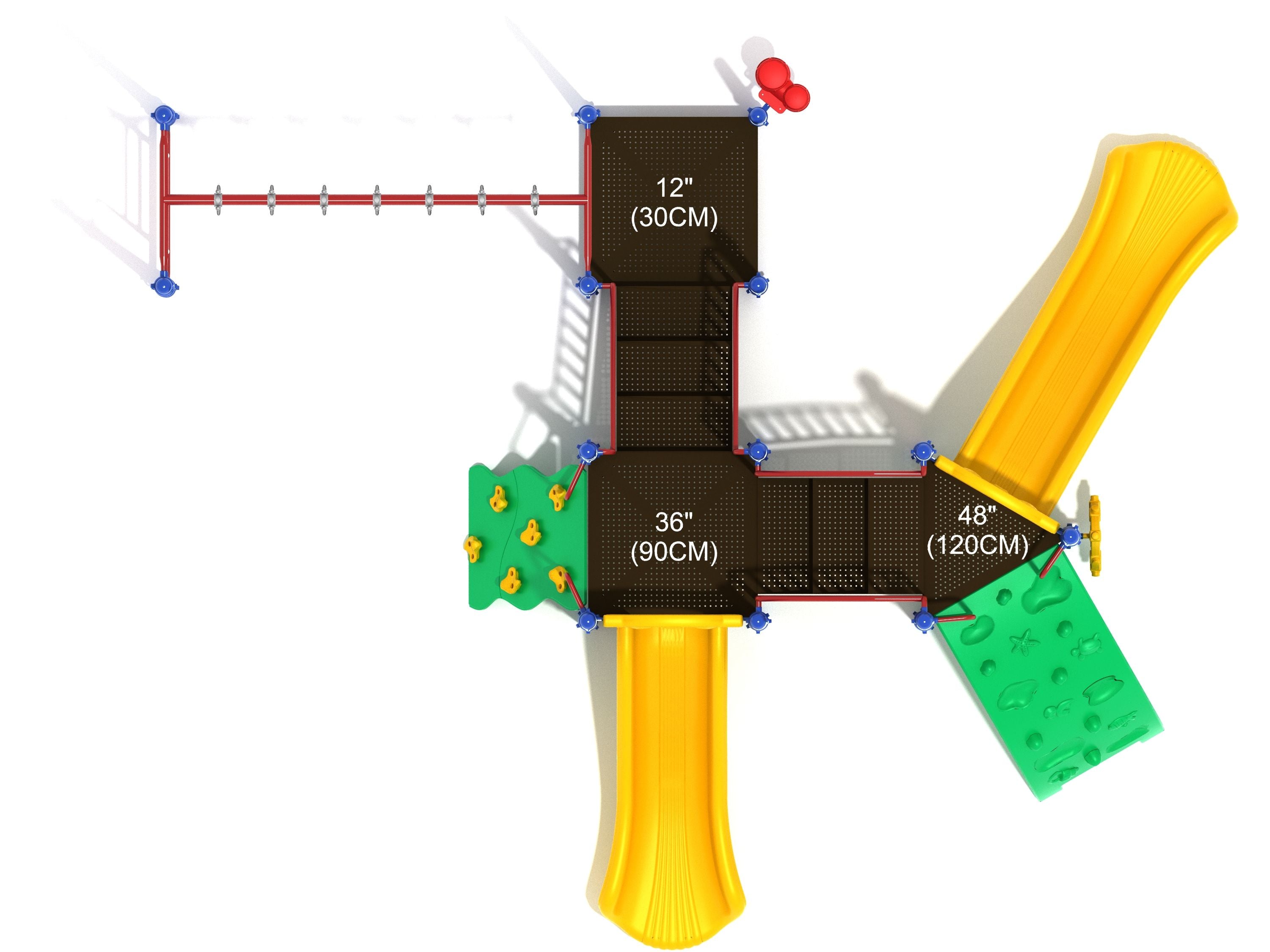 Overhead view of colorful playground with two yellow slides, climbing walls, and horizontal ladder on connected platforms