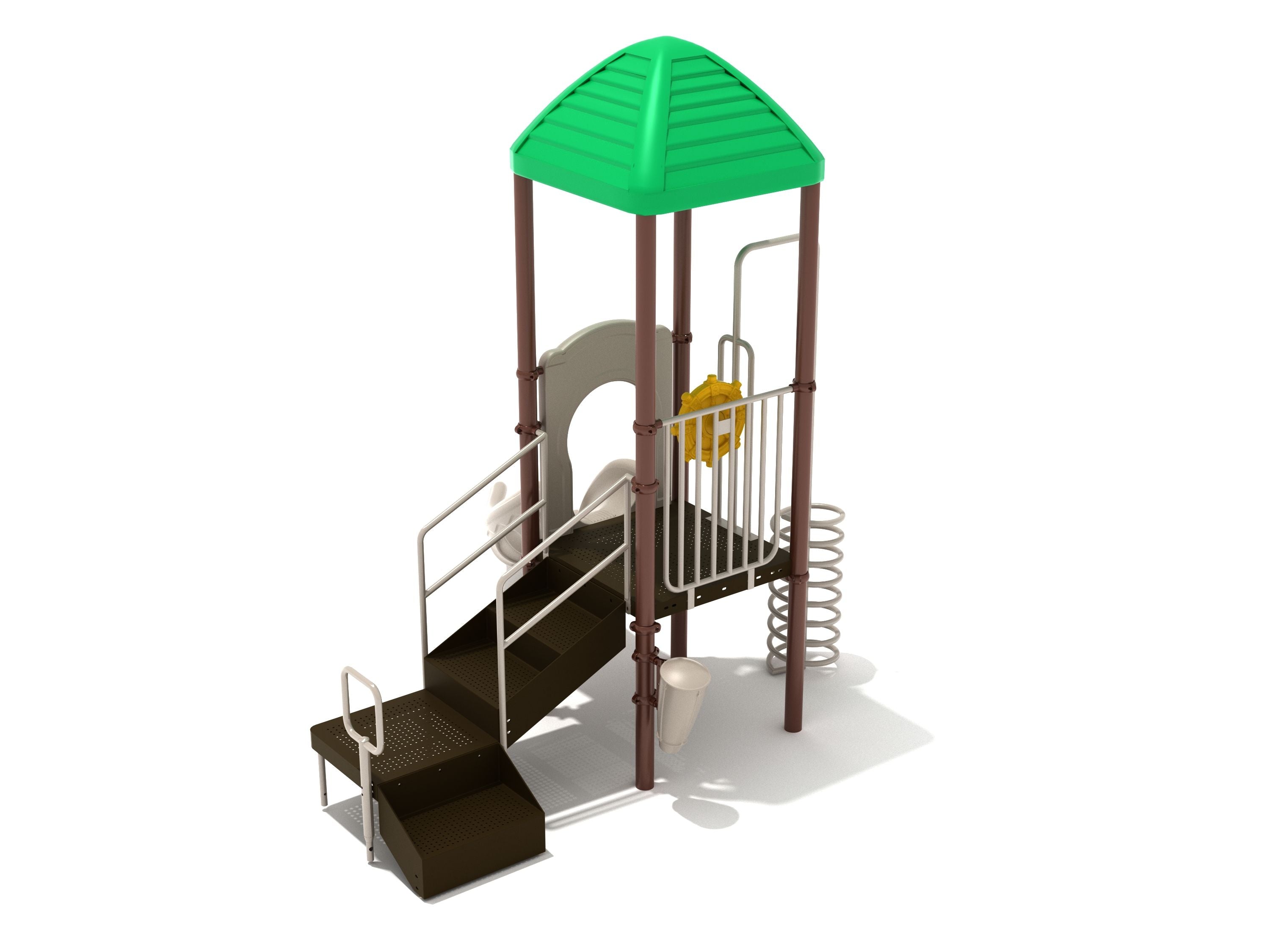 Compact playground tower with green roof, brown deck, spiral climber, stairs, right turn slide, and yellow ship’s wheel panel