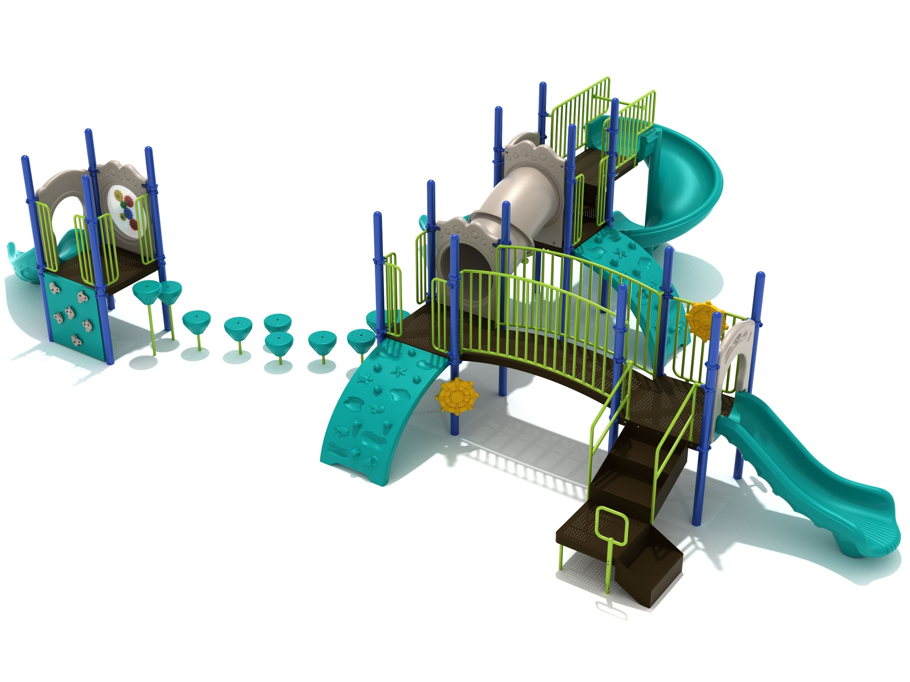 Elevated blue and green playground with slides, climbing walls, tube bridge, stepping pods, and activity panels