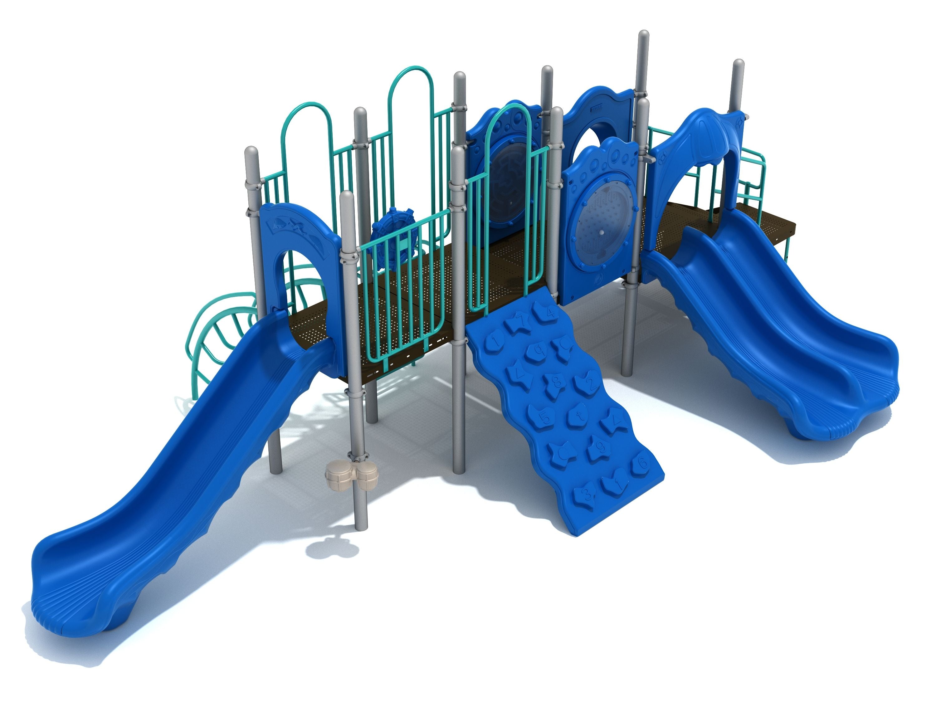 Playground structure with blue slides, climbing wall, interactive panels, and teal railings on elevated platforms
