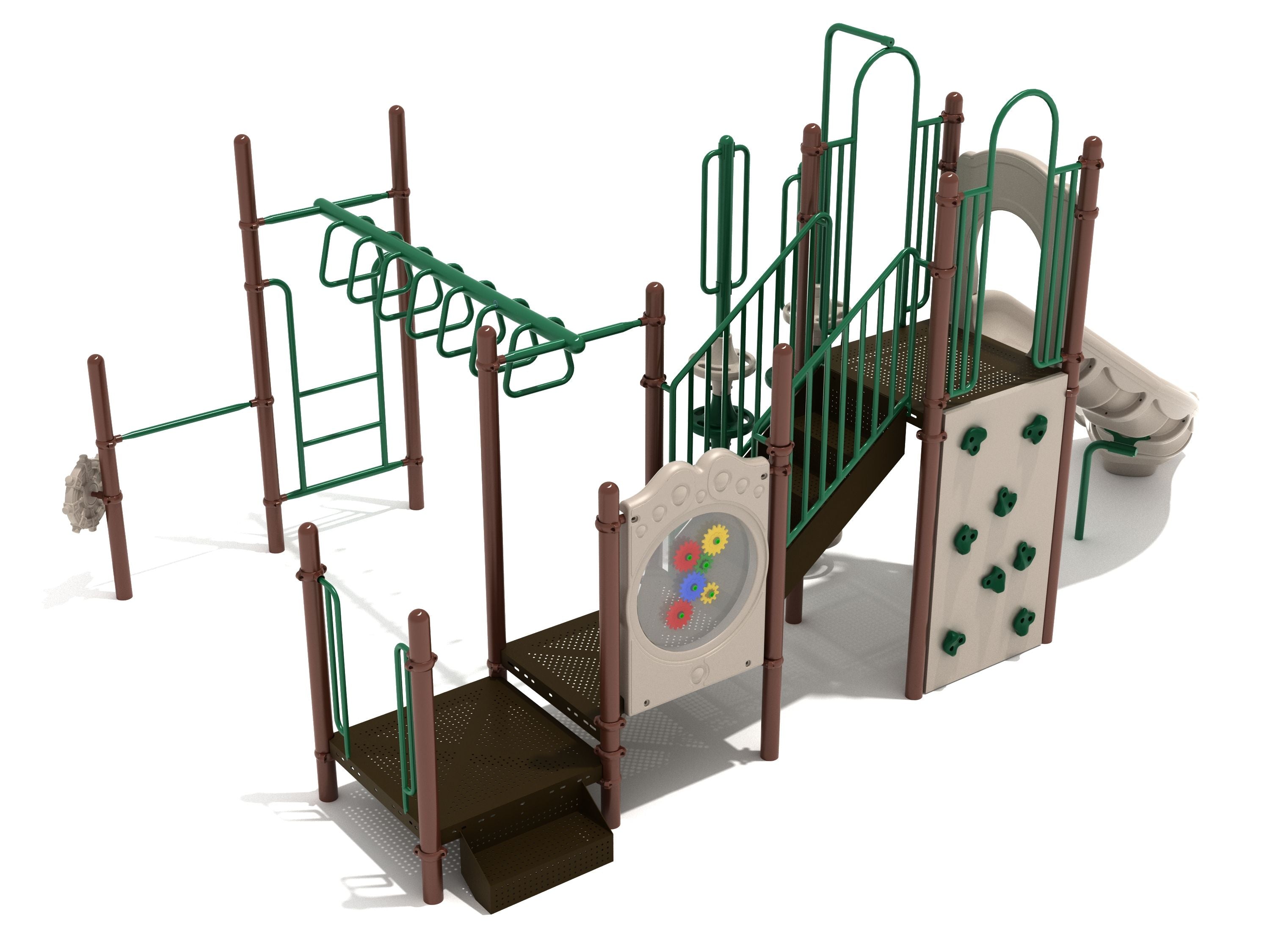 Playground structure with climbing wall, overhead trapezoid loop ladder, pull-up bar, gear panel, and left turn slide