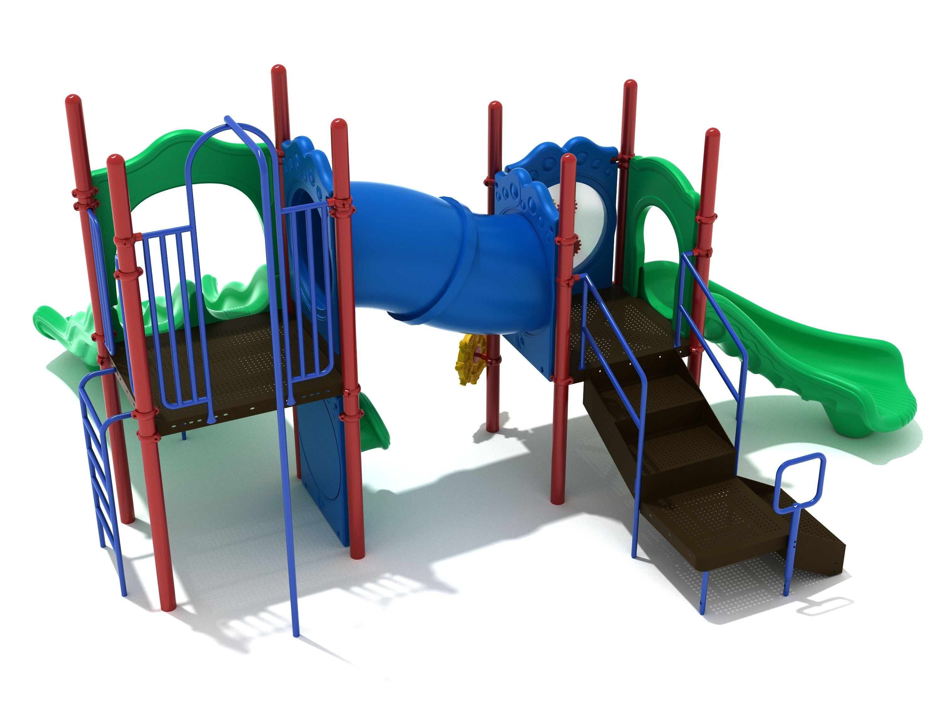 Colorful playground structure with two green slides, blue tube bridge, red posts, brown platforms, and interactive play features