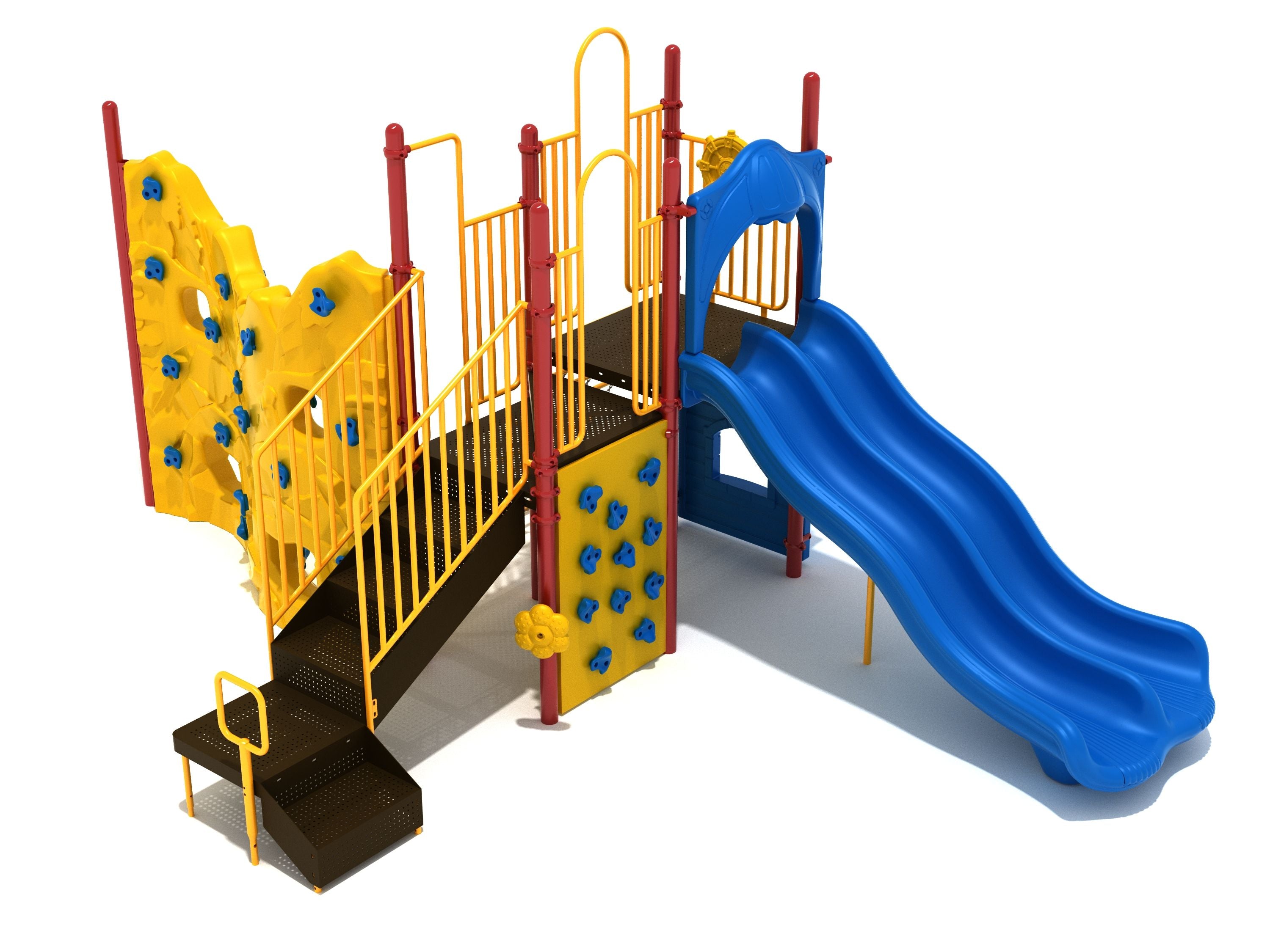 Colorful playground structure with dual blue wave slides, yellow rock climbing walls with blue grips, red support posts, and a chain climber.