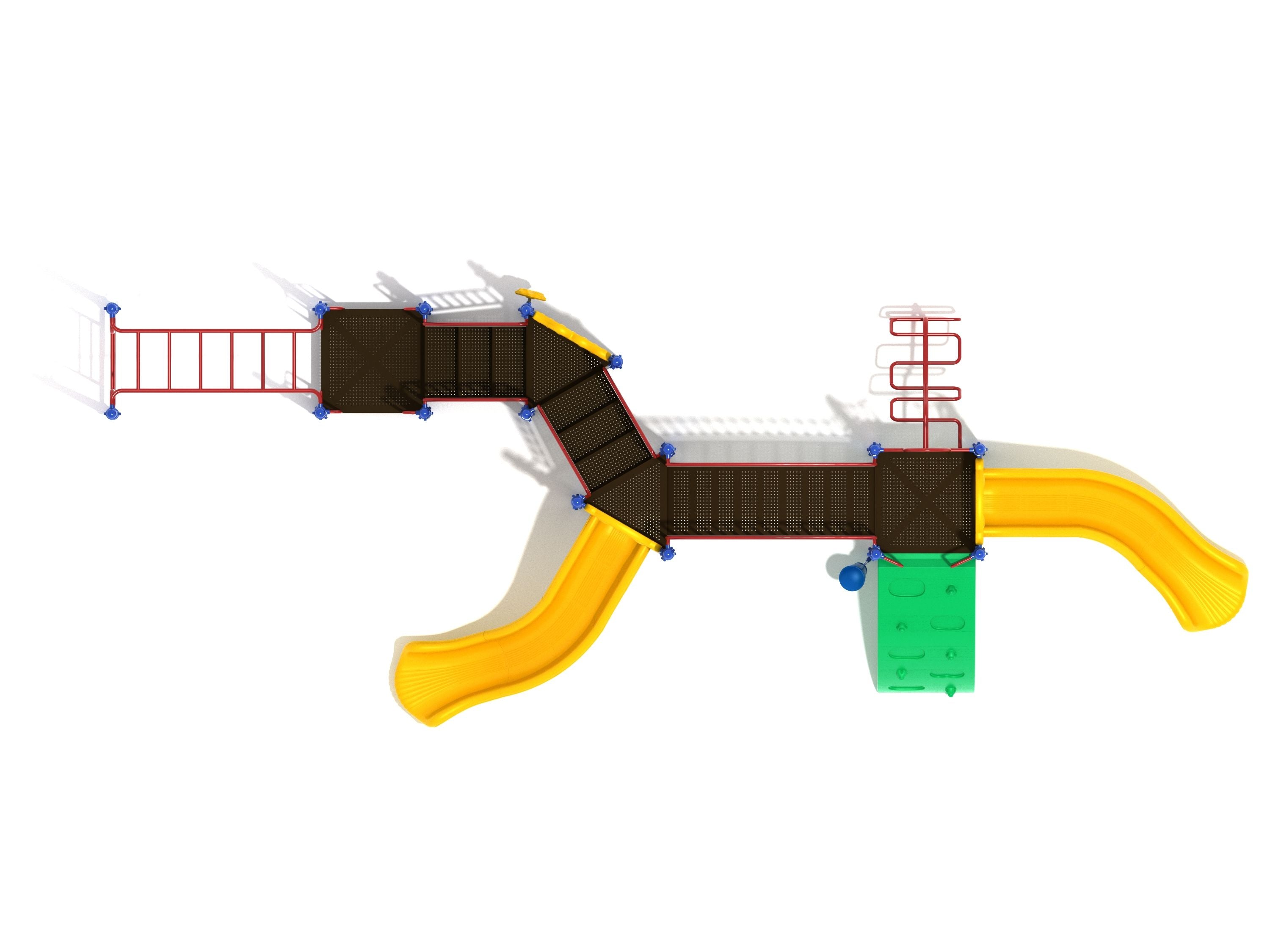 Overhead view of playground structure with two yellow slides, red climbing ladders, green climbing wall, and brown connected platforms