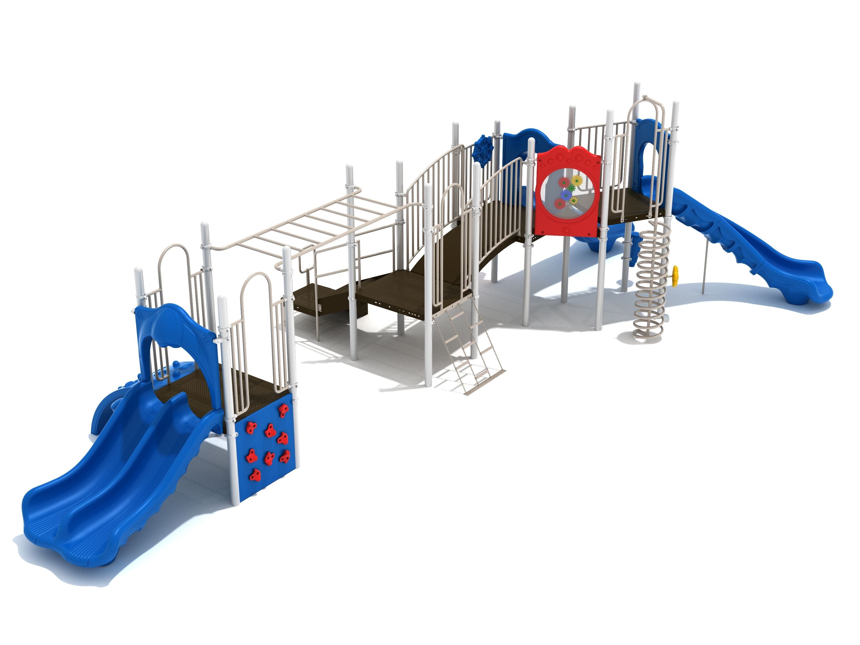 Large playground structure with blue slides, spiral climber, horizontal ladder, rock climbing wall, and interactive panels.