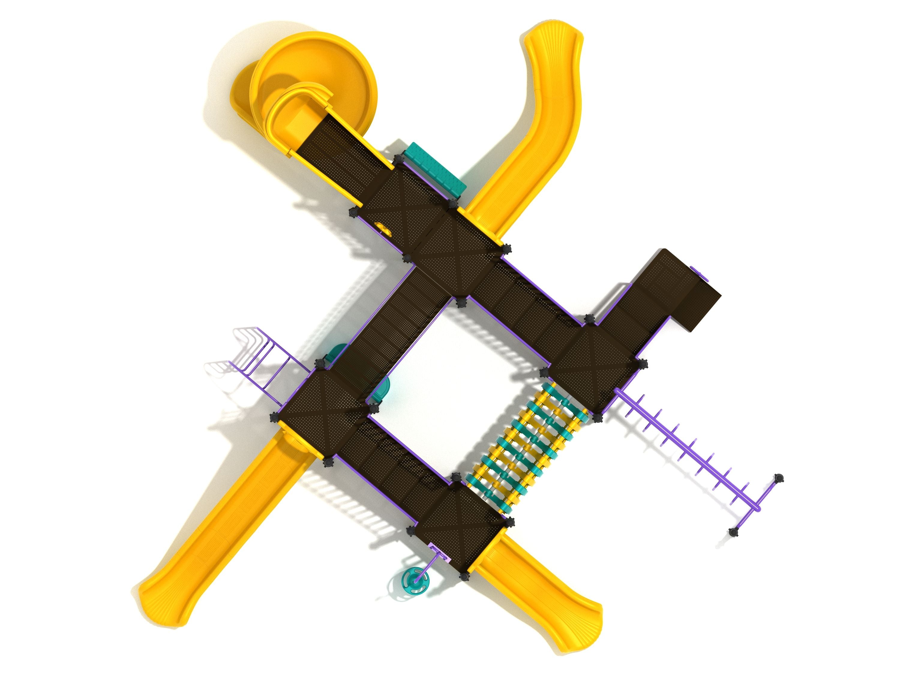 Overhead view of square commercial playground with yellow spiral, wave and straight slides, bridges, and climbers.