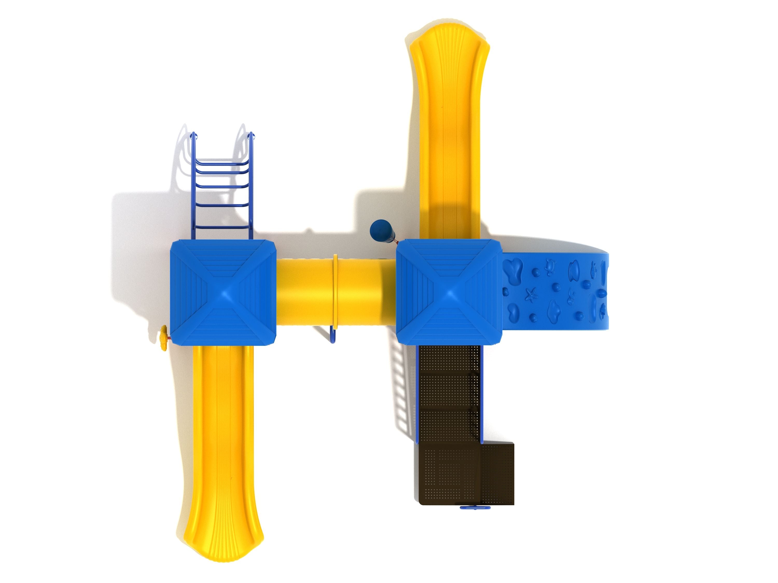 Overhead view of yellow and blue playground with two square-roofed towers, wave slides, tube bridge, and climbers including an arched ladder and sea creature shapes