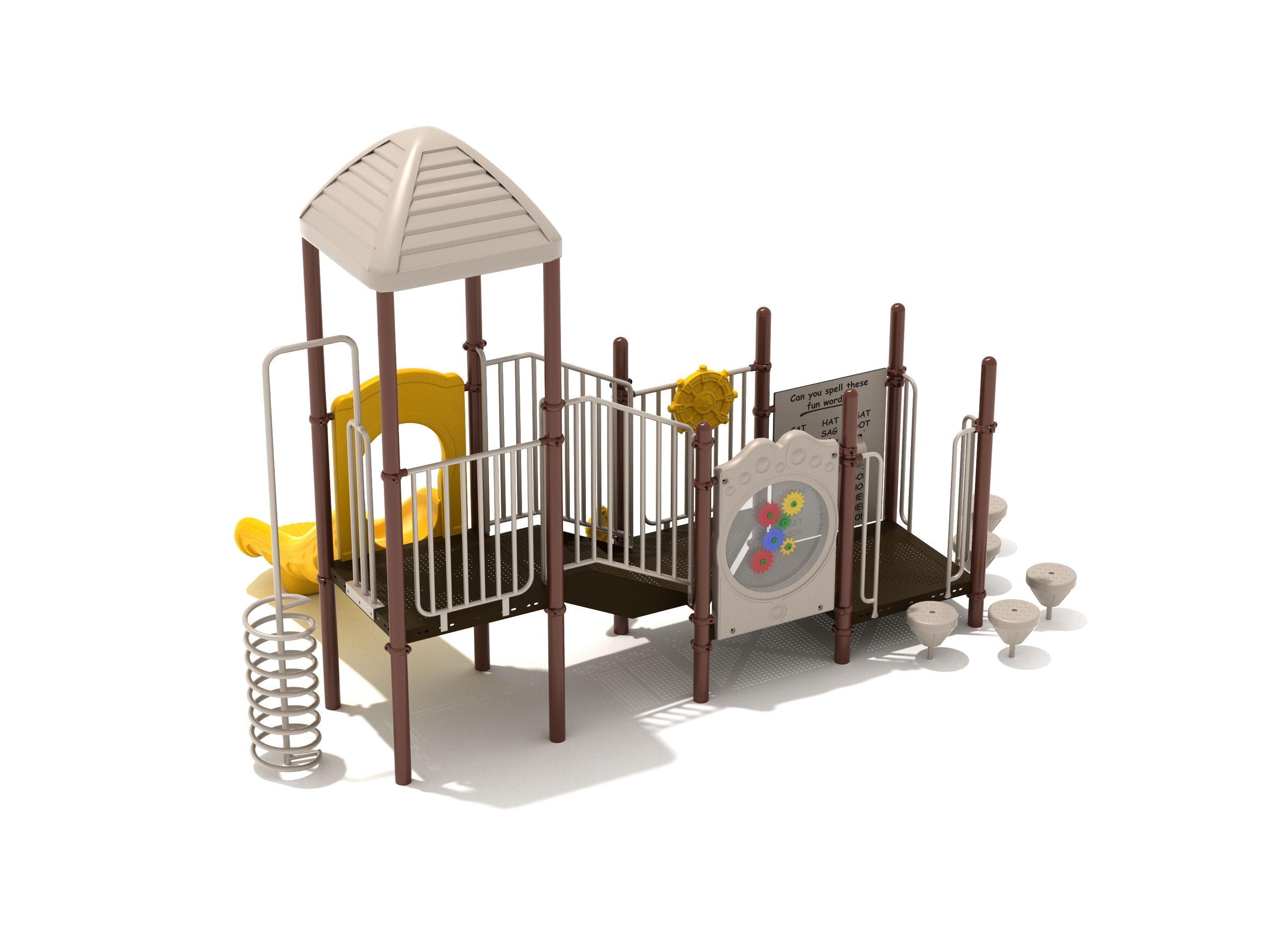 Preschool playground structure with spiral climber, yellow slide, gear panel, spelling panel, ship’s wheel, and protective roof