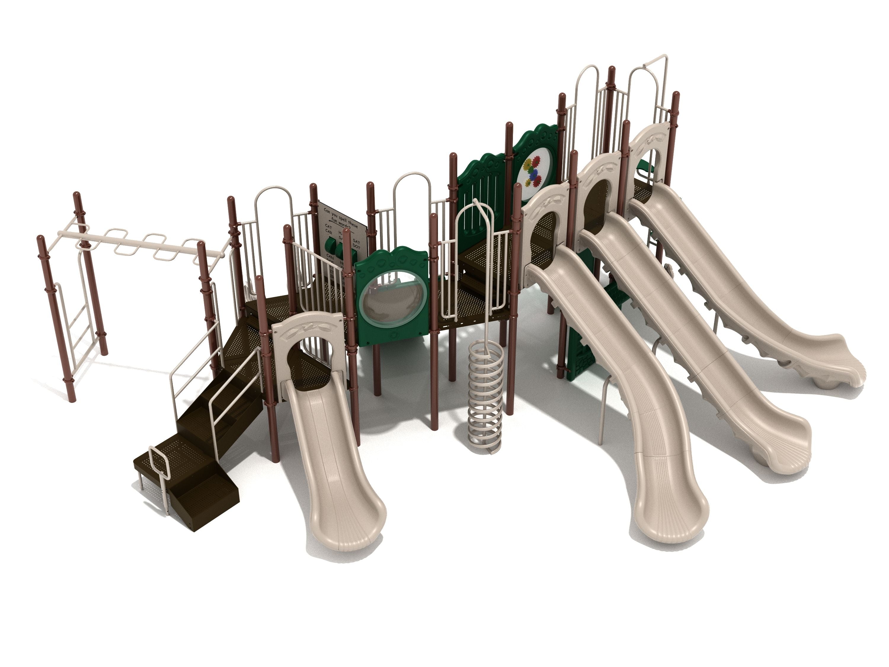 Thousand Oaks Playground with multiple beige slides, spiral climber, bubble panel, and various brown and green climbing structures including ladders and panels