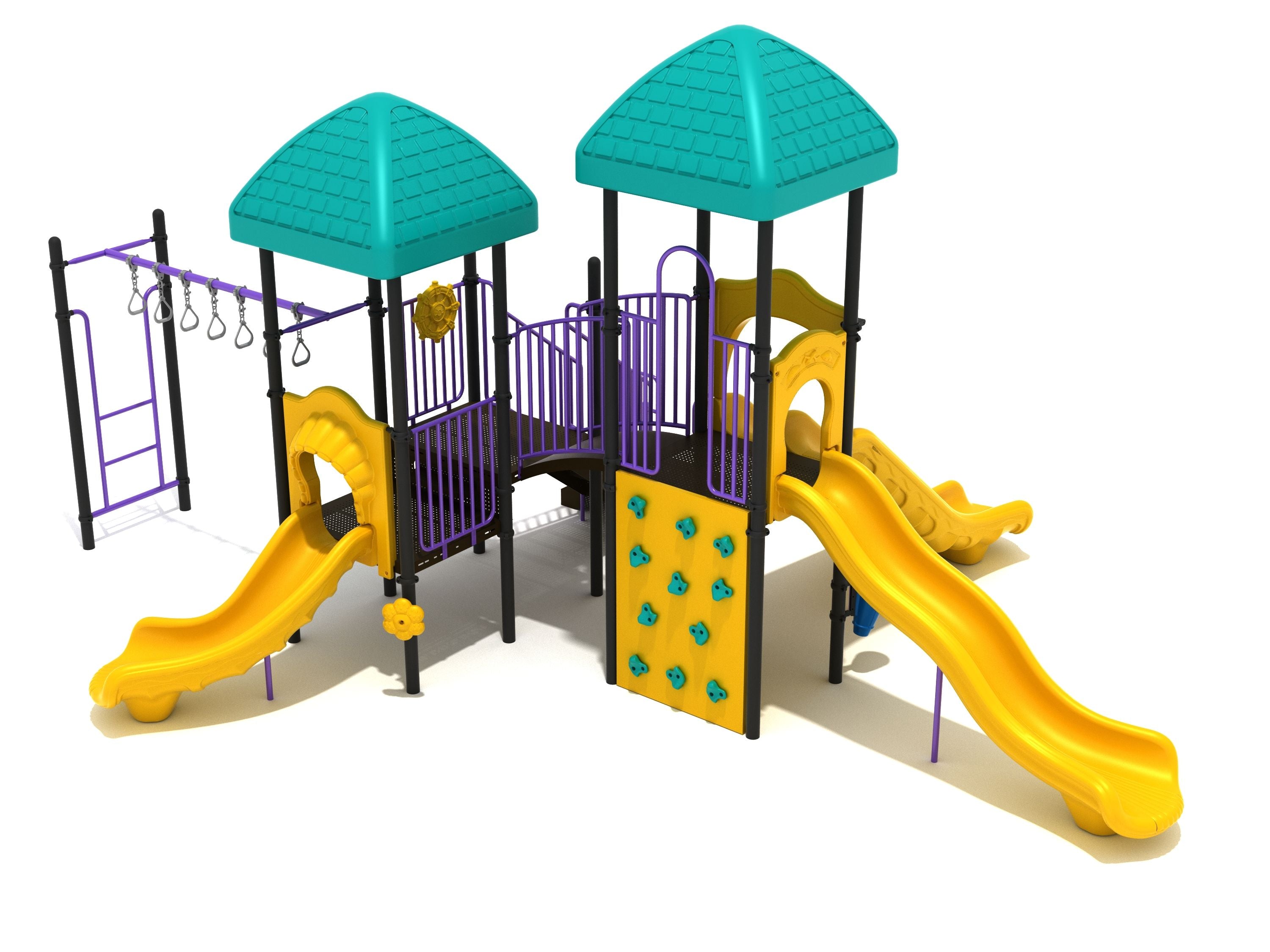 Dubuque Playground large play system with yellow slides, teal roofs, purple climbing wall, swinging ring ladder, and ship’s wheel