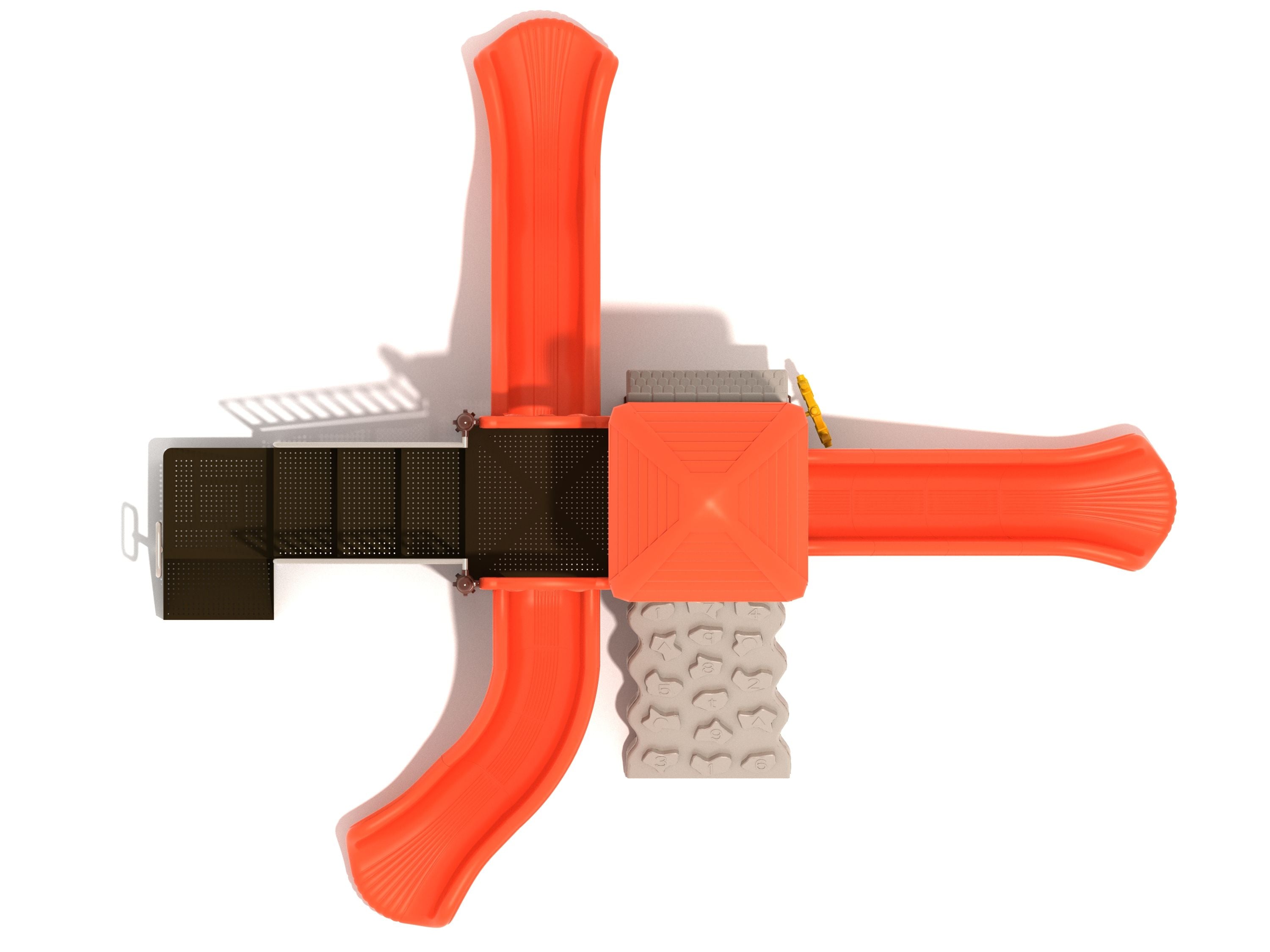 Overhead view of a playground structure with three bright orange slides, climbing wall, shaded platform, and play panels