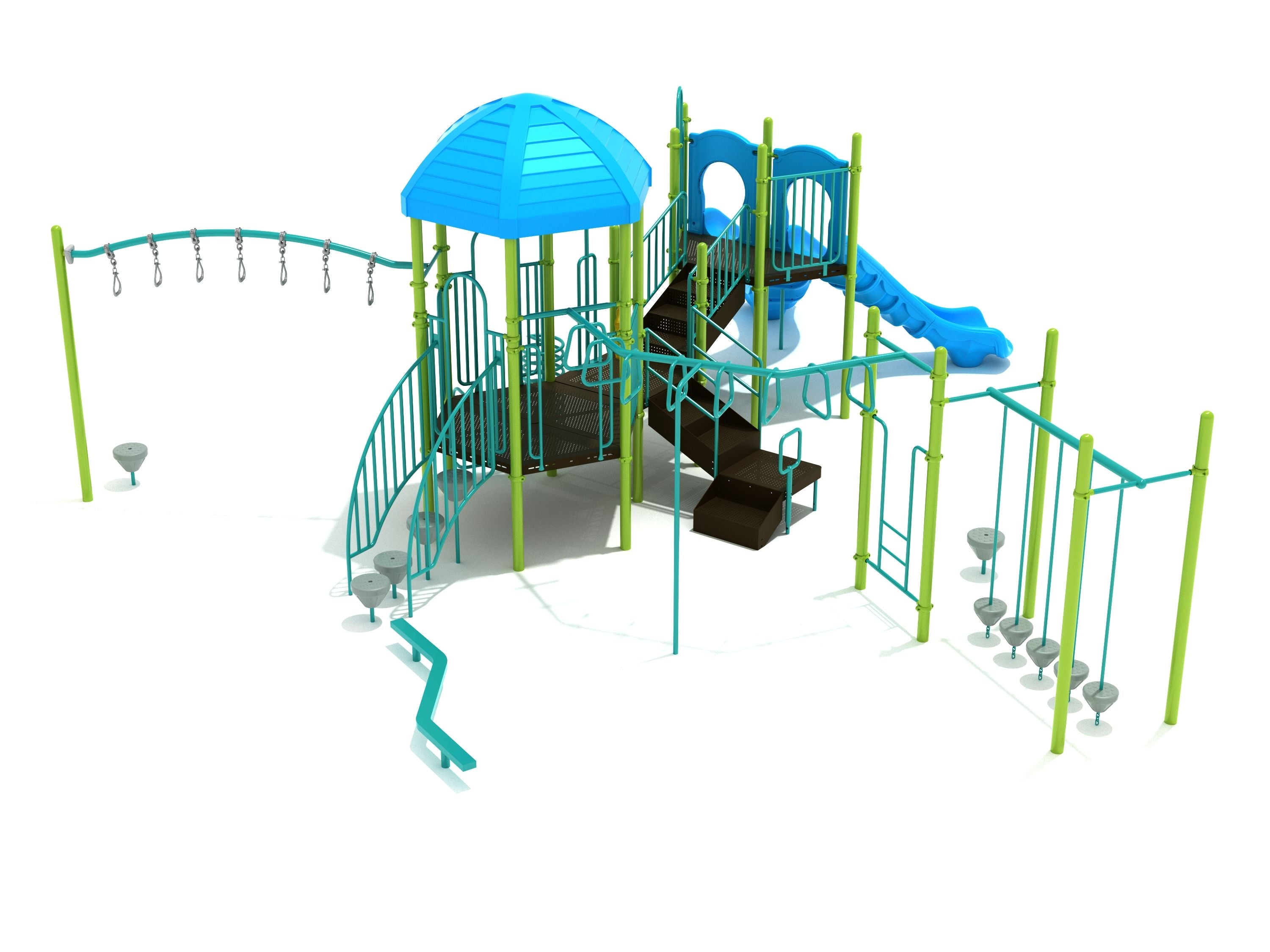 Colorful playground with blue roof, hexagonal central hub, multiple climbers, balance beams, and two blue turn slides