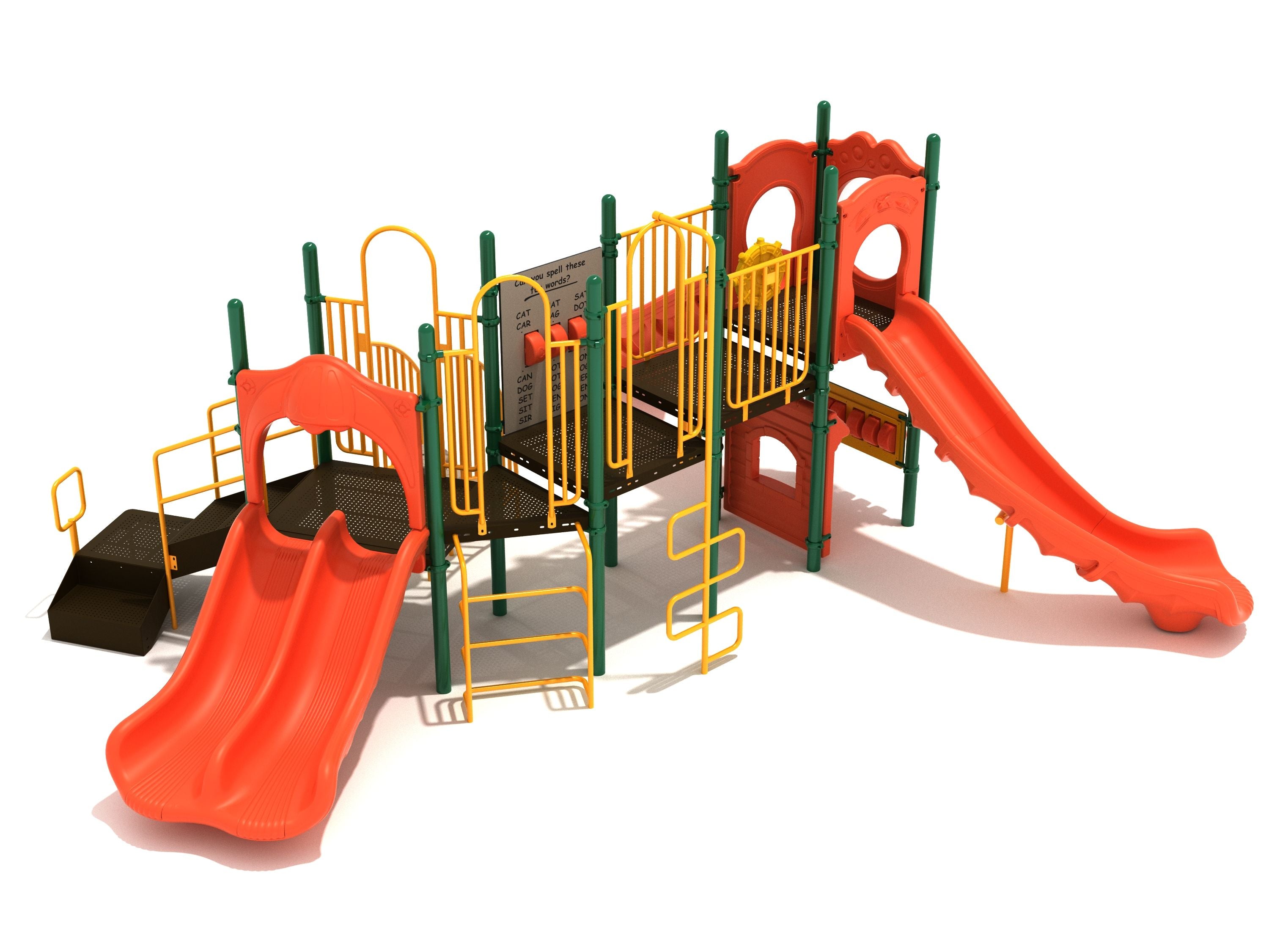 Colorful playground structure with double slides, climbing ladders, and an educational spelling panel