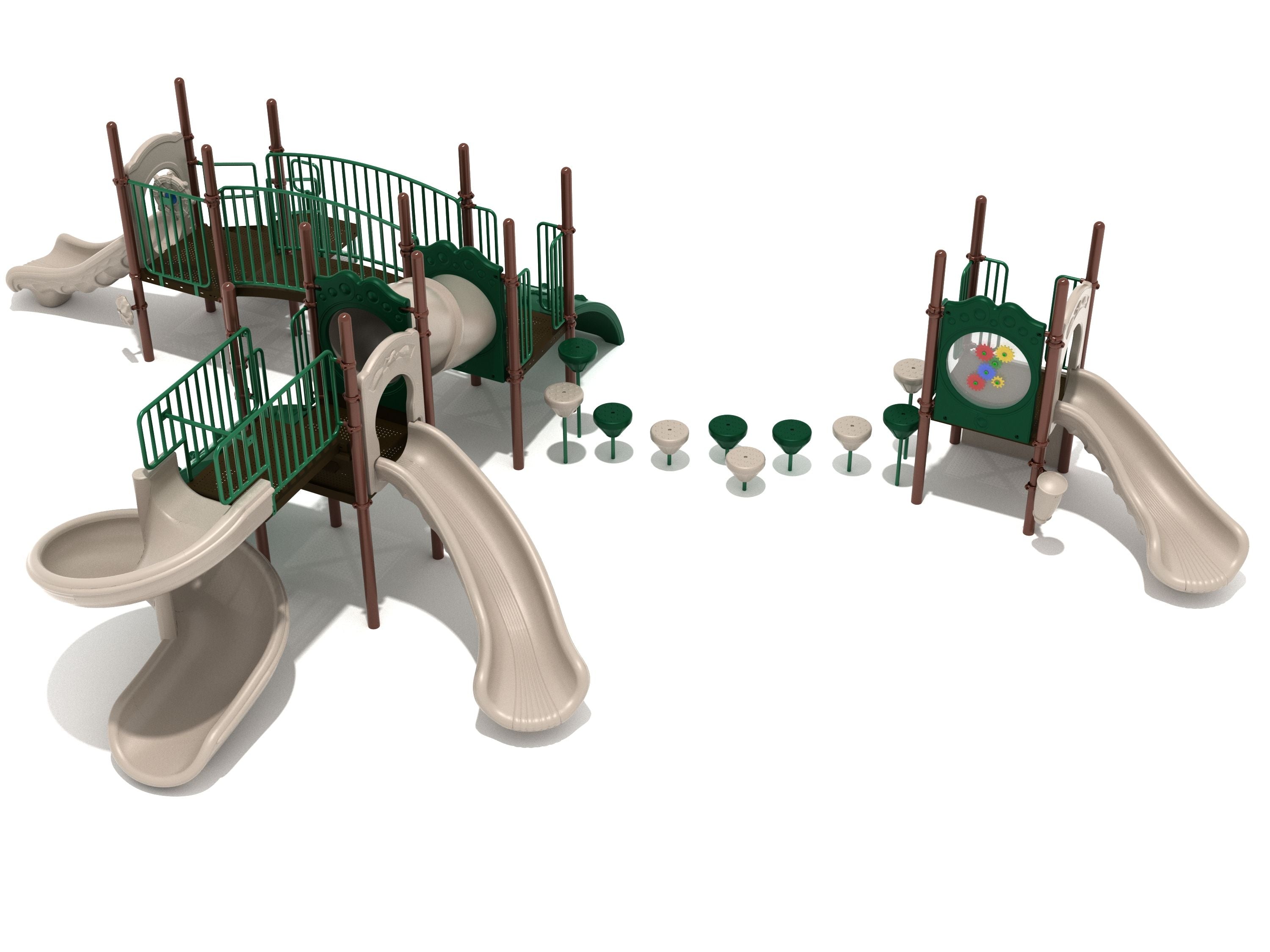 Elevated playground structure with beige slides, green railings, stepping stone path, and interactive play panels