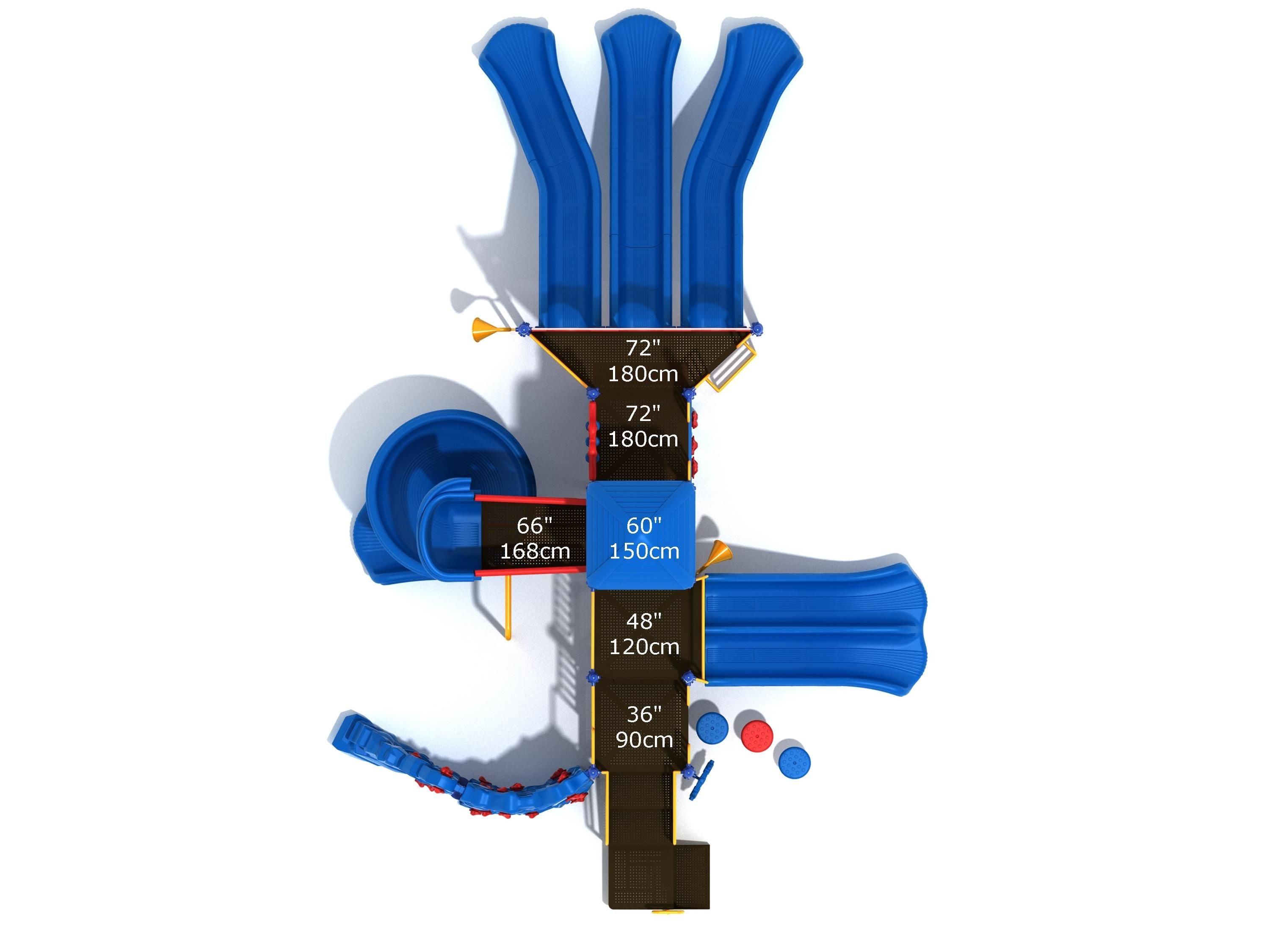 Overhead view of large blue playground set with triple and spiral slides, double slide, rock wall, and pebble climber
