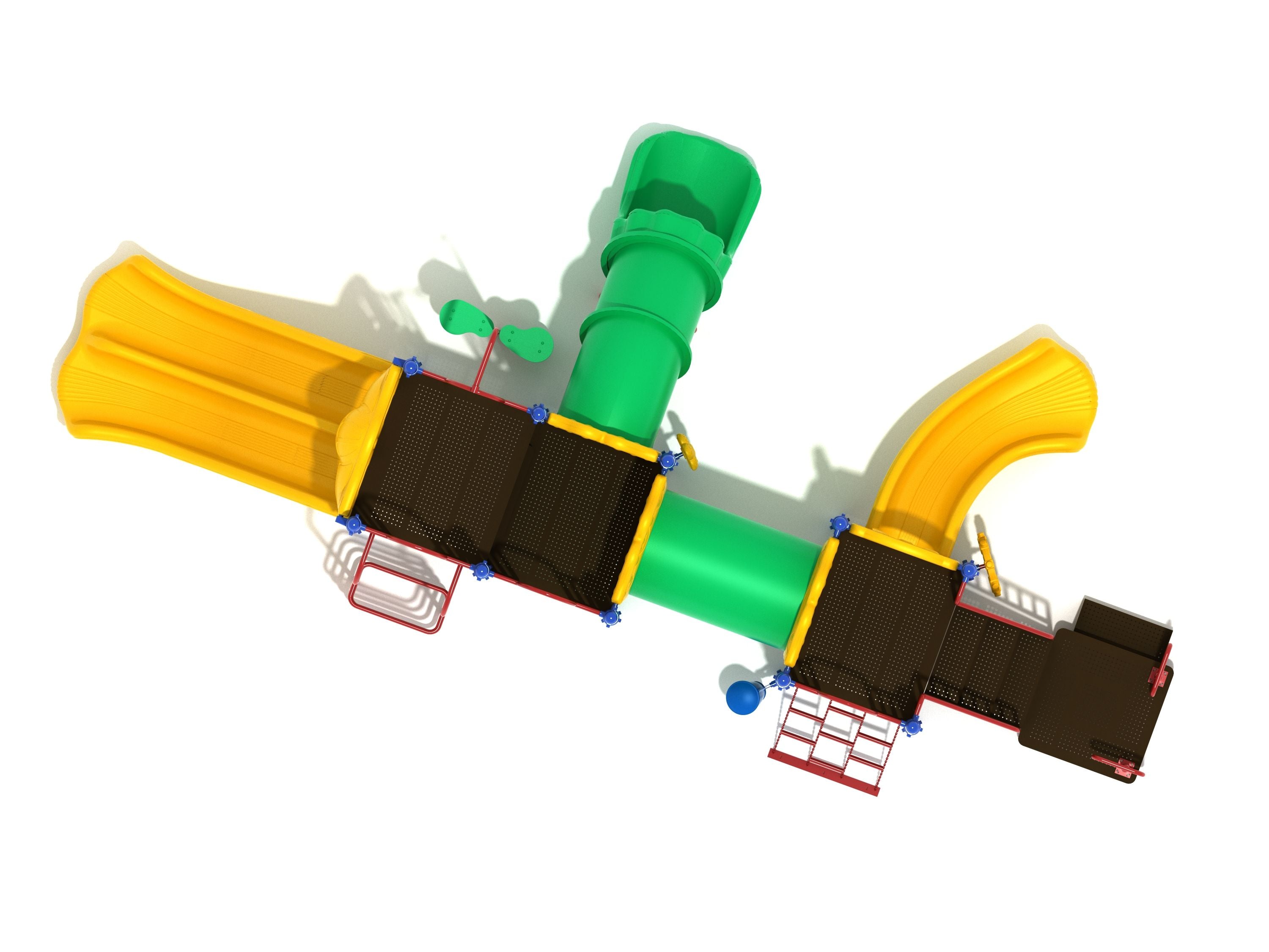 Overhead view of colorful playground with three yellow slides, green tube slide and bridge, red climbing elements, and interactive ground attachments.