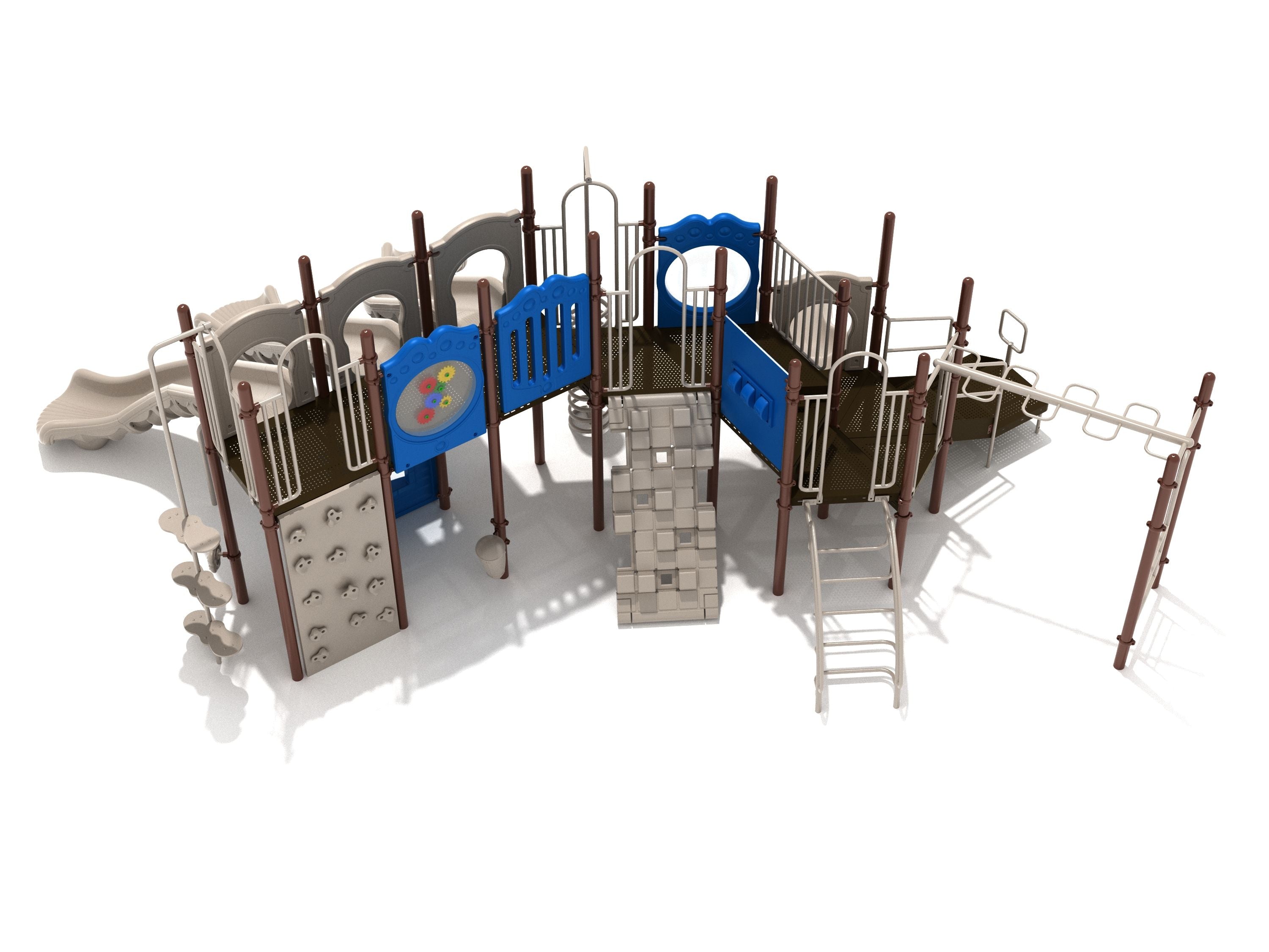 Large playground structure with multiple slides, spiral climber, climbing walls, ladders, and interactive gear and spelling panels in blue, brown, and beige.