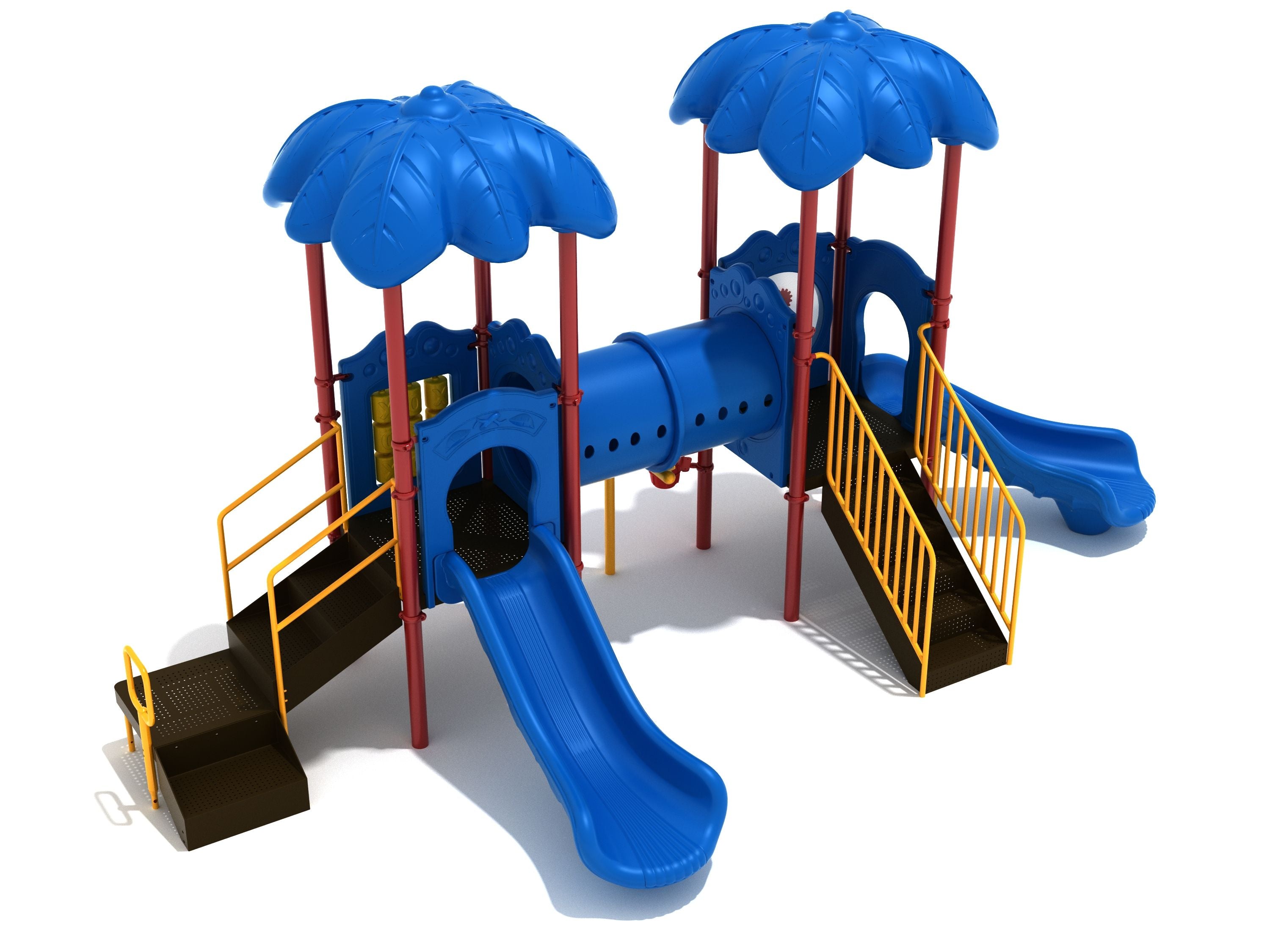 Sandy Springs Playground with blue palm-frond canopies, two slides, tube bridge, yellow rail stairs, and ADA-compliant play features