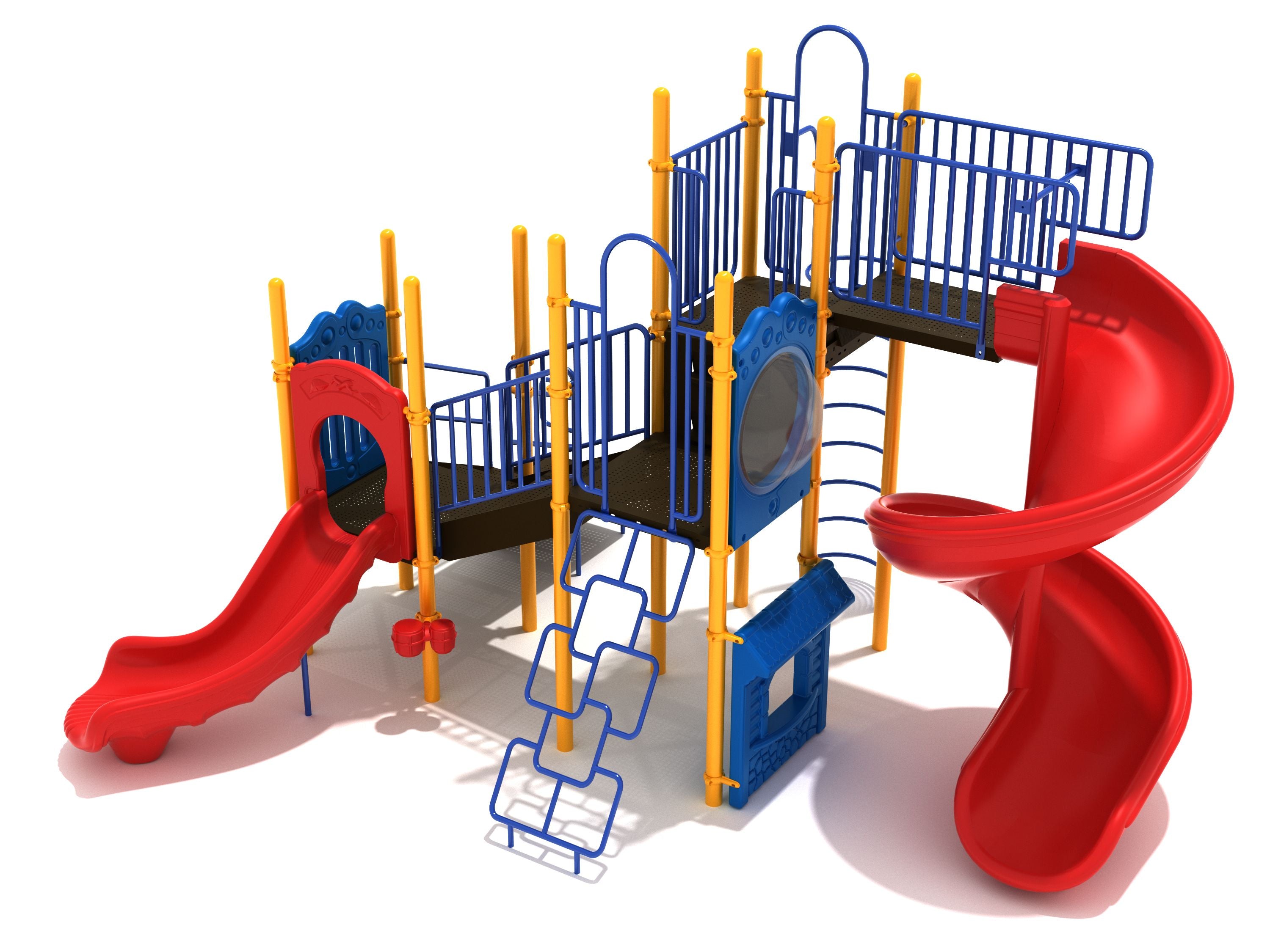 Fort Collins Playground with red spiral slide, blue climbing panels, yellow posts, multiple platforms, and interactive play features
