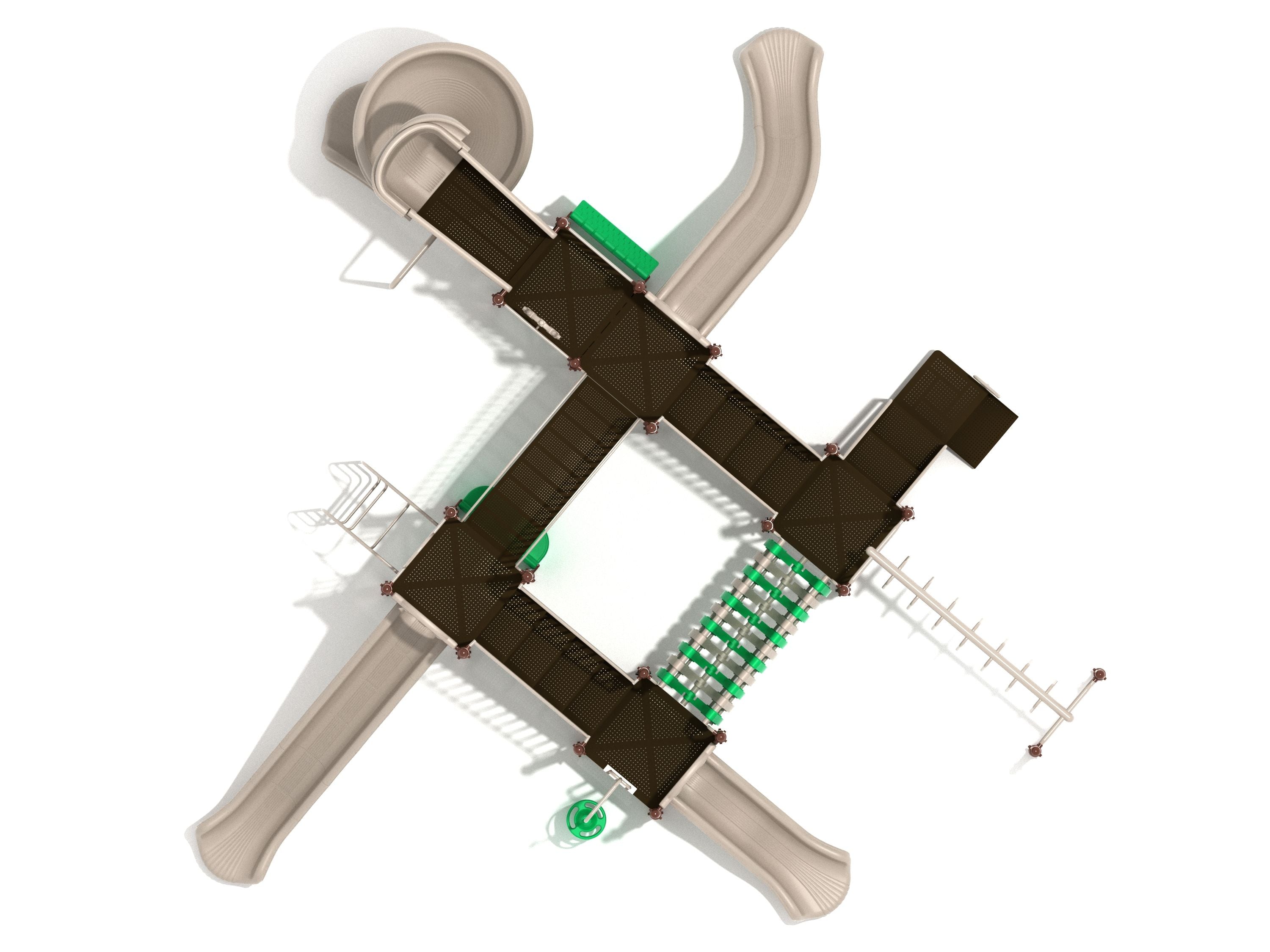 Overhead view, square playground system with tan spiral and straight slides, bridges, green climbers, monkey bars.