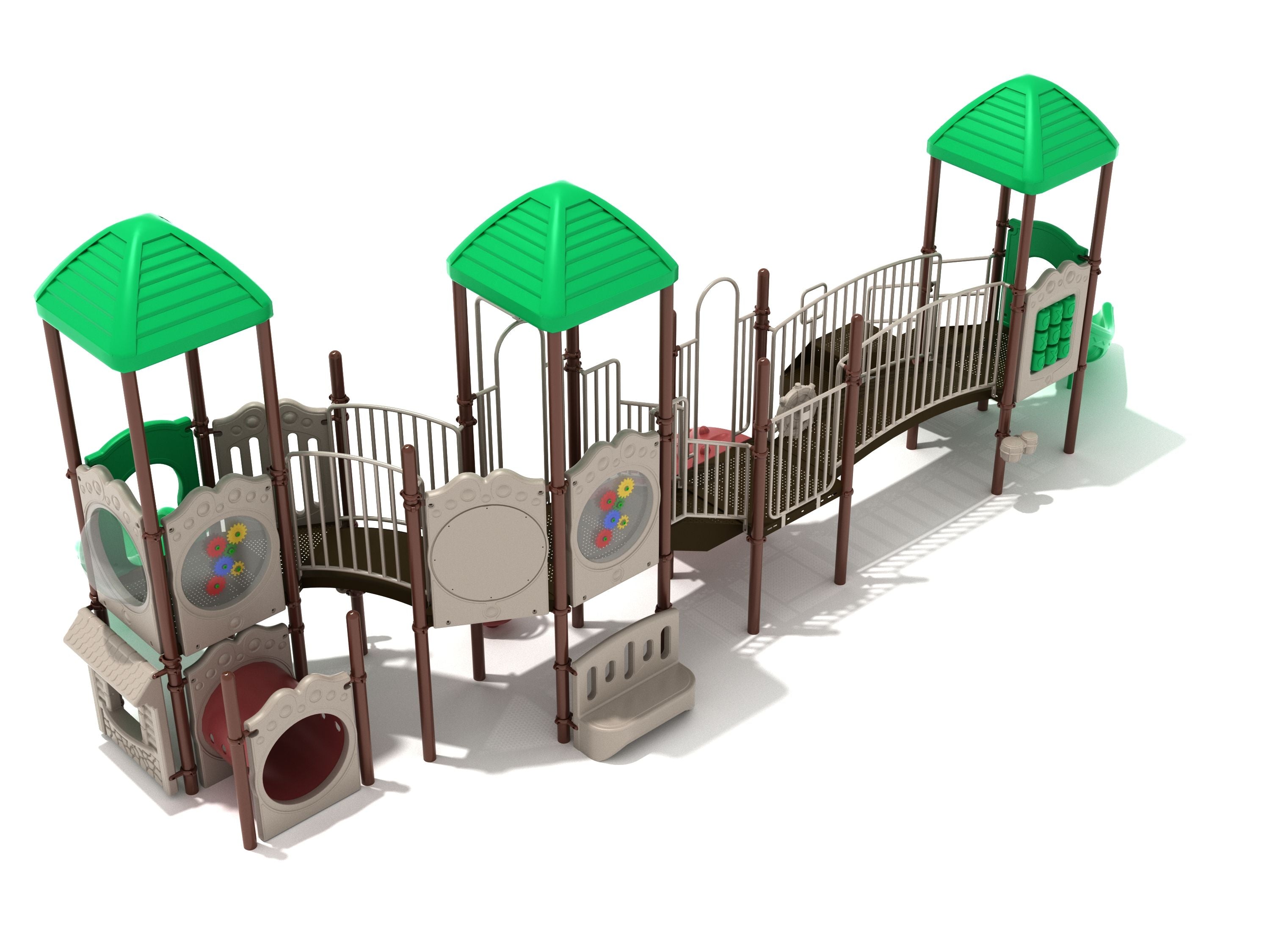 Elevated playground structure with green roofs, metal railings, bridges, activity panels, and a crawl tube for interactive play.