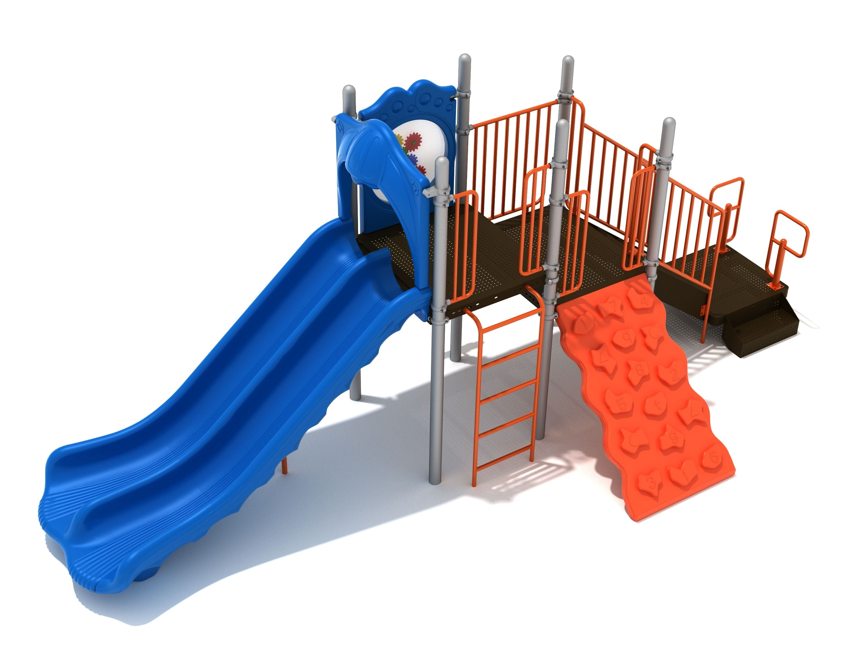 Elevated playground structure with double blue wave slide, orange climbing wall with numbers, vertical ladder, and interactive gear panel