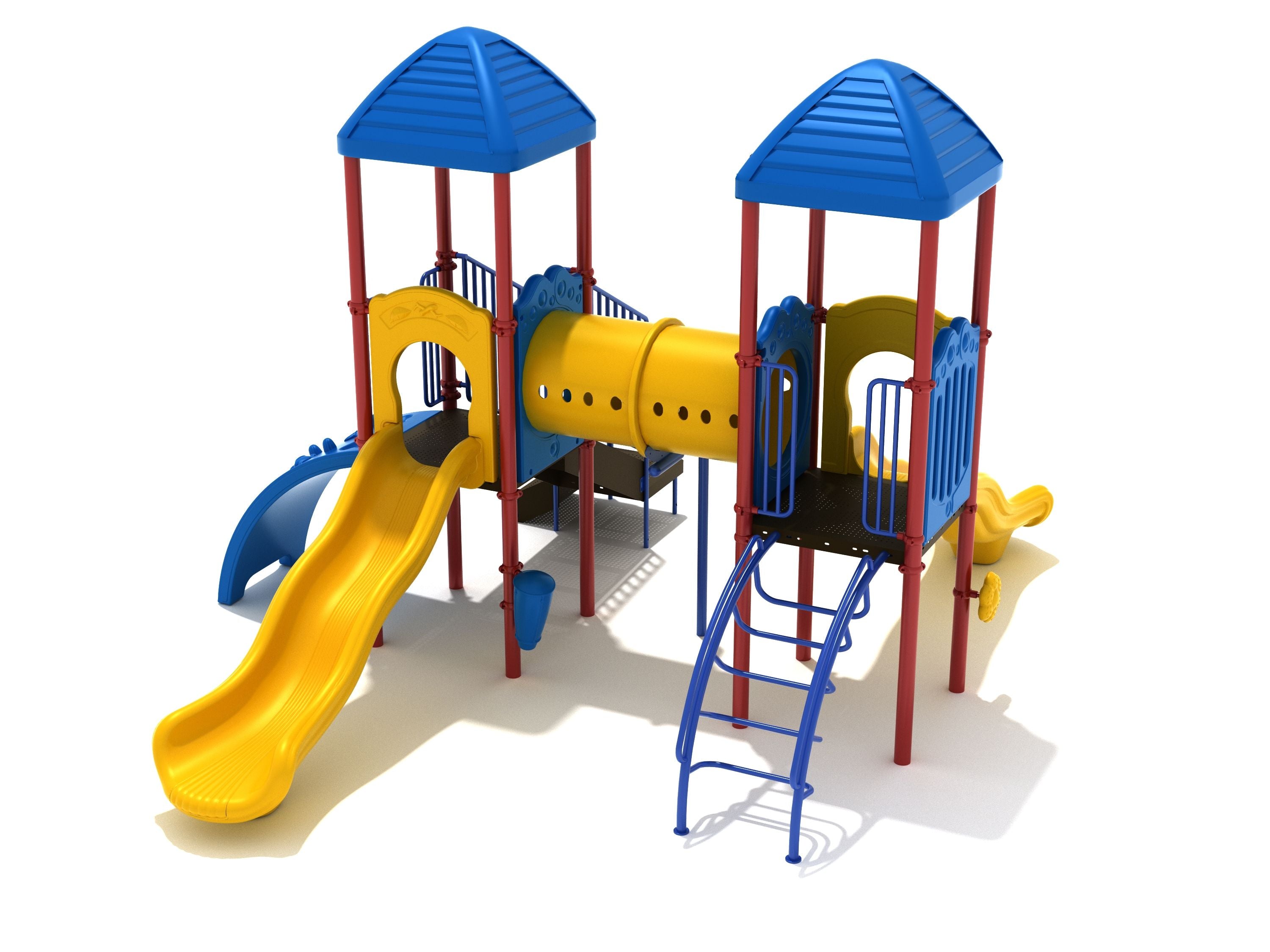 Dual-tower playground with blue roofs, yellow wave slides, red supports, blue arched climbers, and a yellow tube bridge connecting platforms