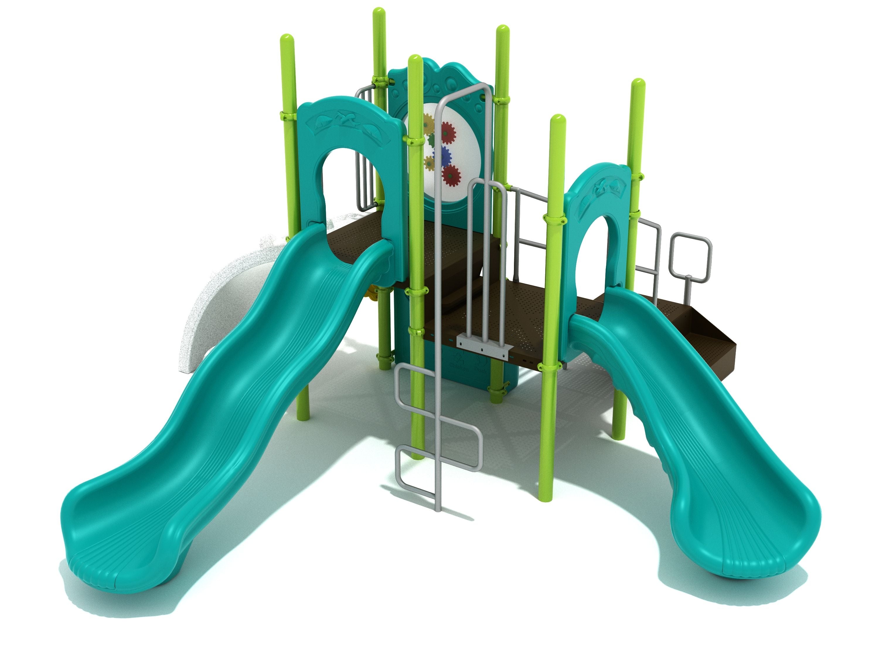 Compact playground structure with teal wave and right-turn slides, green support poles, climbing ladder, and activity panel