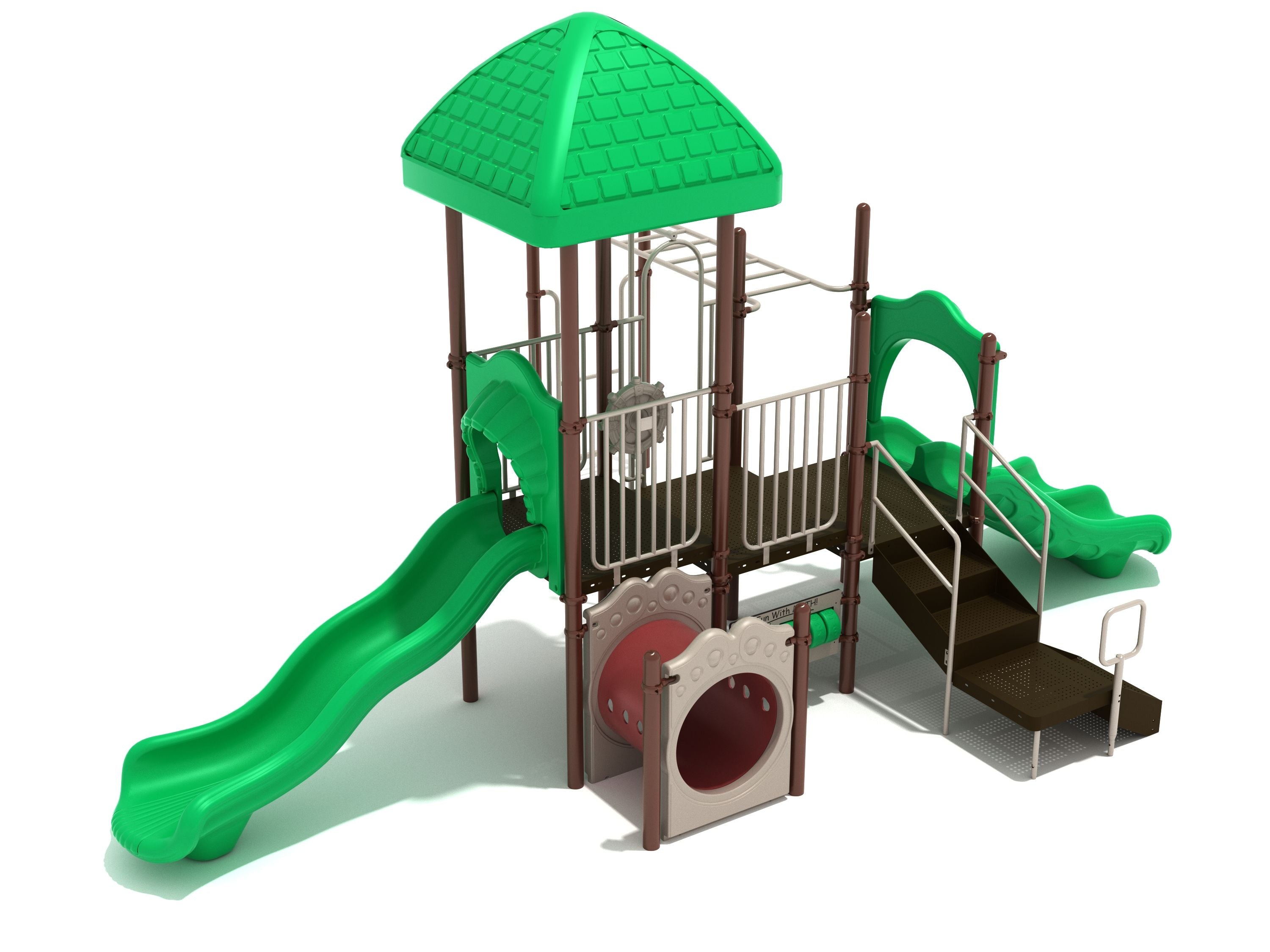 Kalamazoo Playground large play system with green slides, crawl tube tunnel, overhead ladder, and shaded roof area