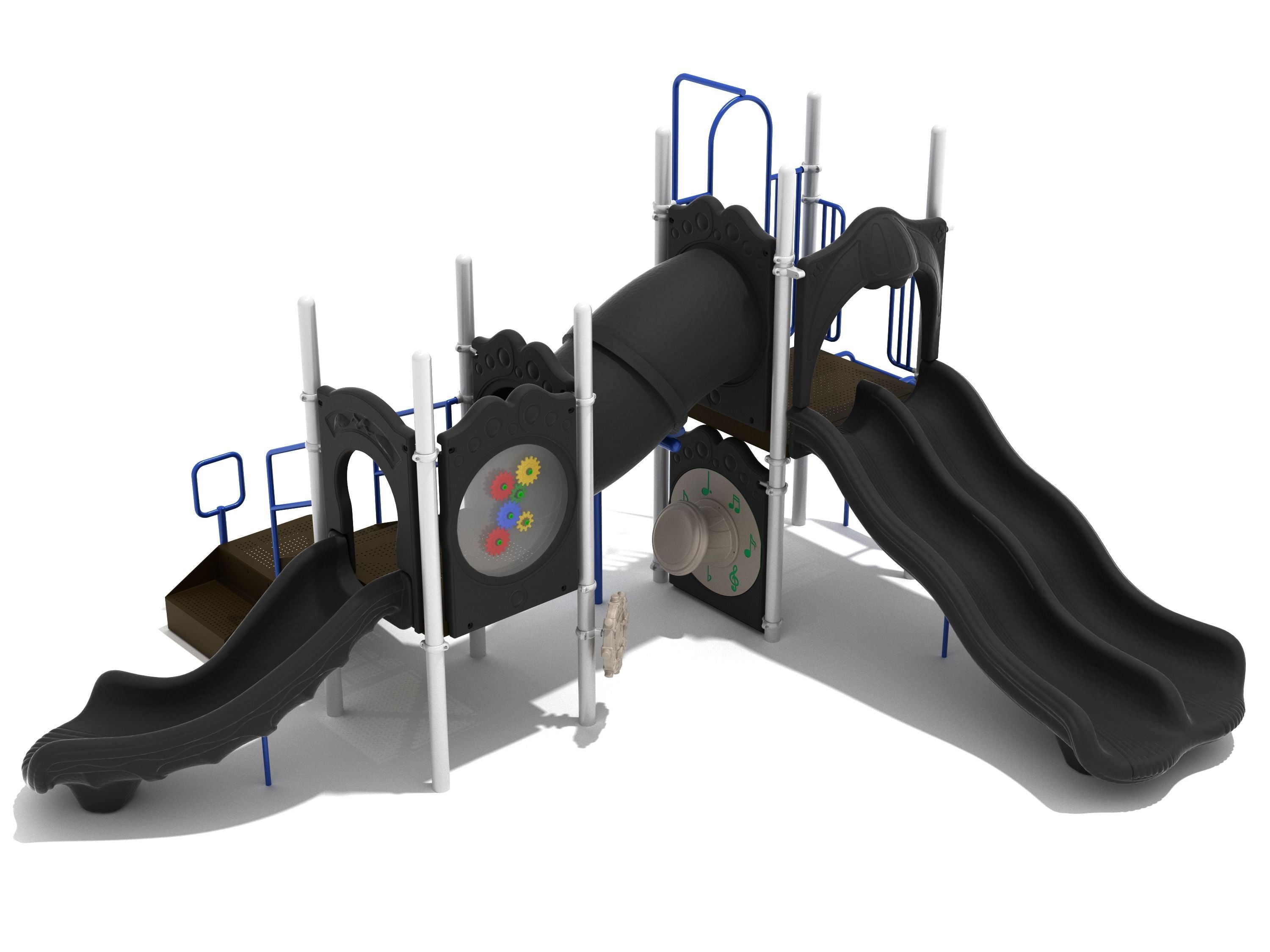 Playground structure with two slides, tube bridge, vertical ladder, gear panel, ship’s wheel, and musical drum in black and blue.